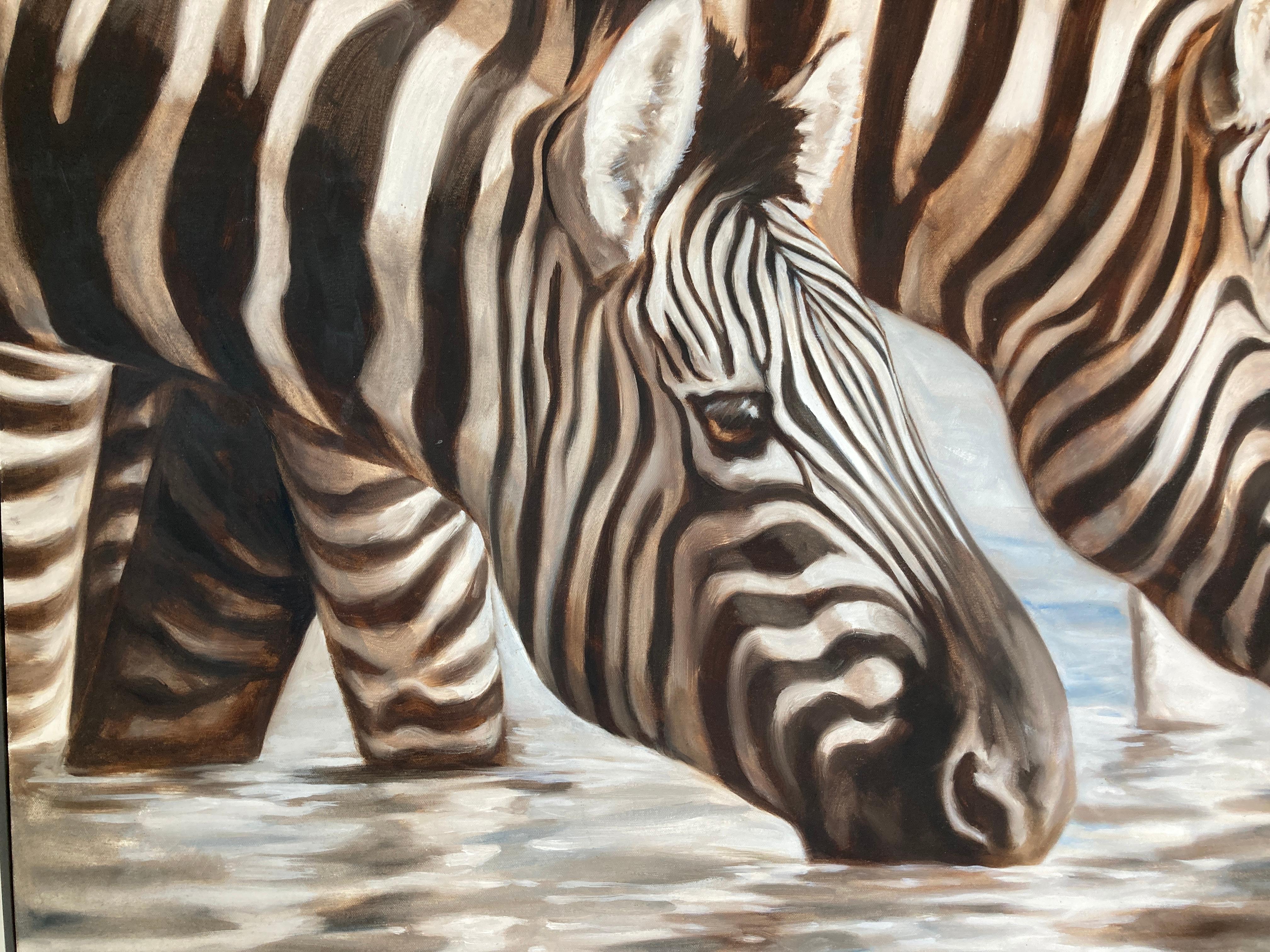 Large Oil on Canvas Oasis, African Zebras by Kindrie Grove, 1999 For Sale 9