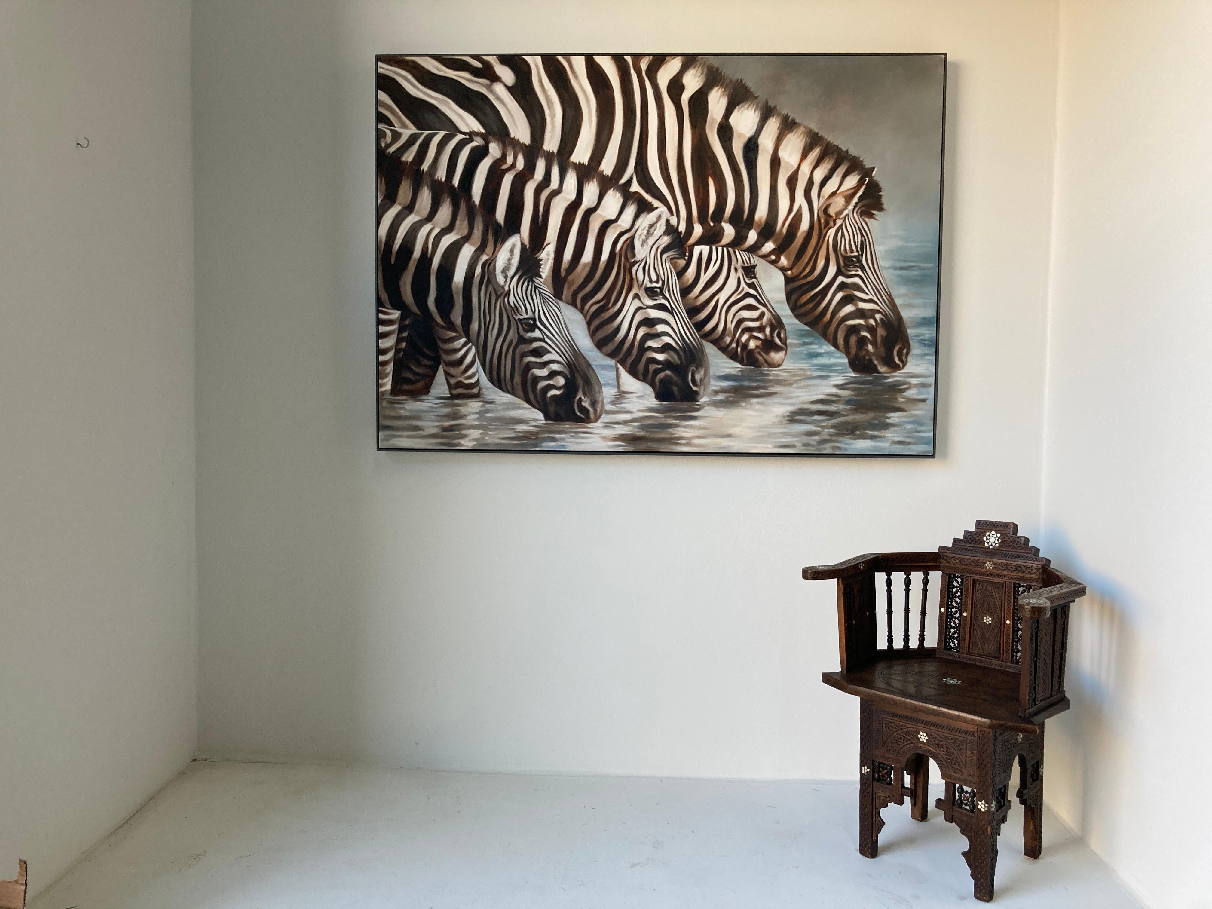 Folk Art Large Oil on Canvas Oasis, African Zebras by Kindrie Grove, 1999 For Sale