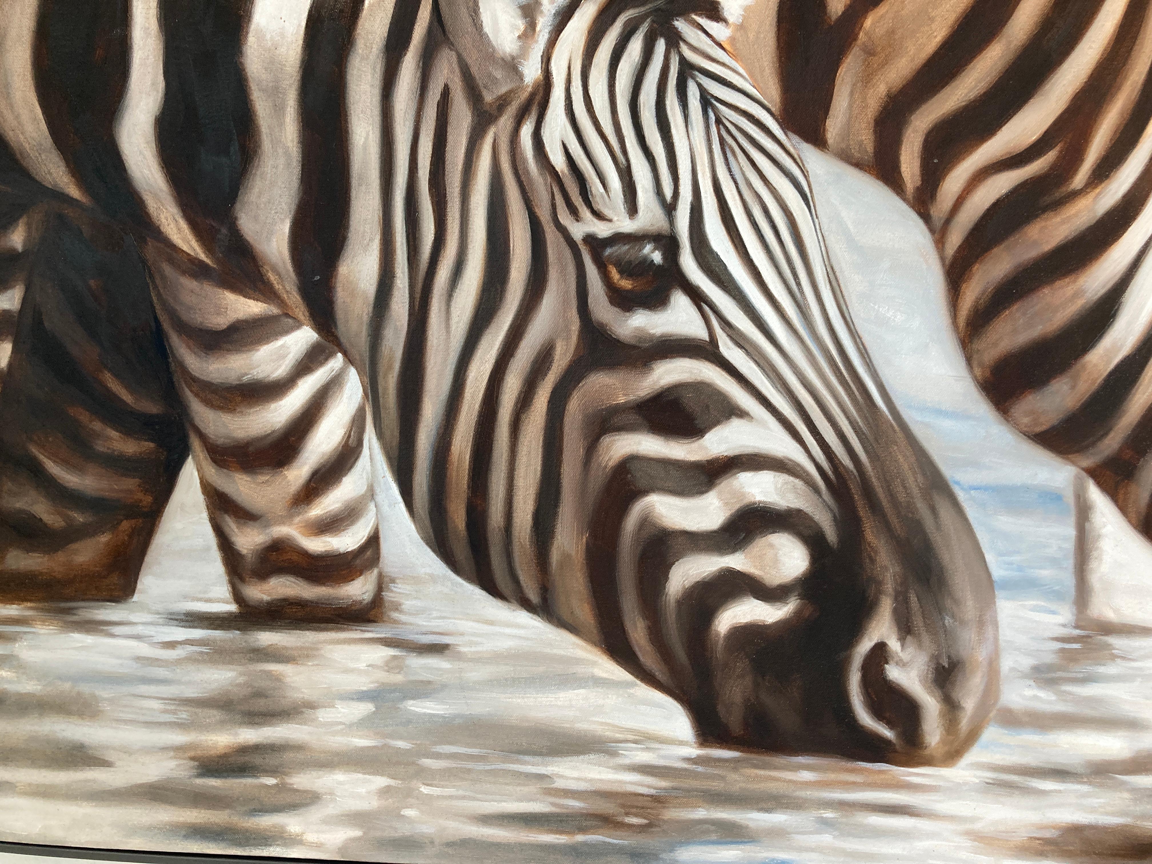 Painted Large Oil on Canvas Oasis, African Zebras by Kindrie Grove, 1999 For Sale