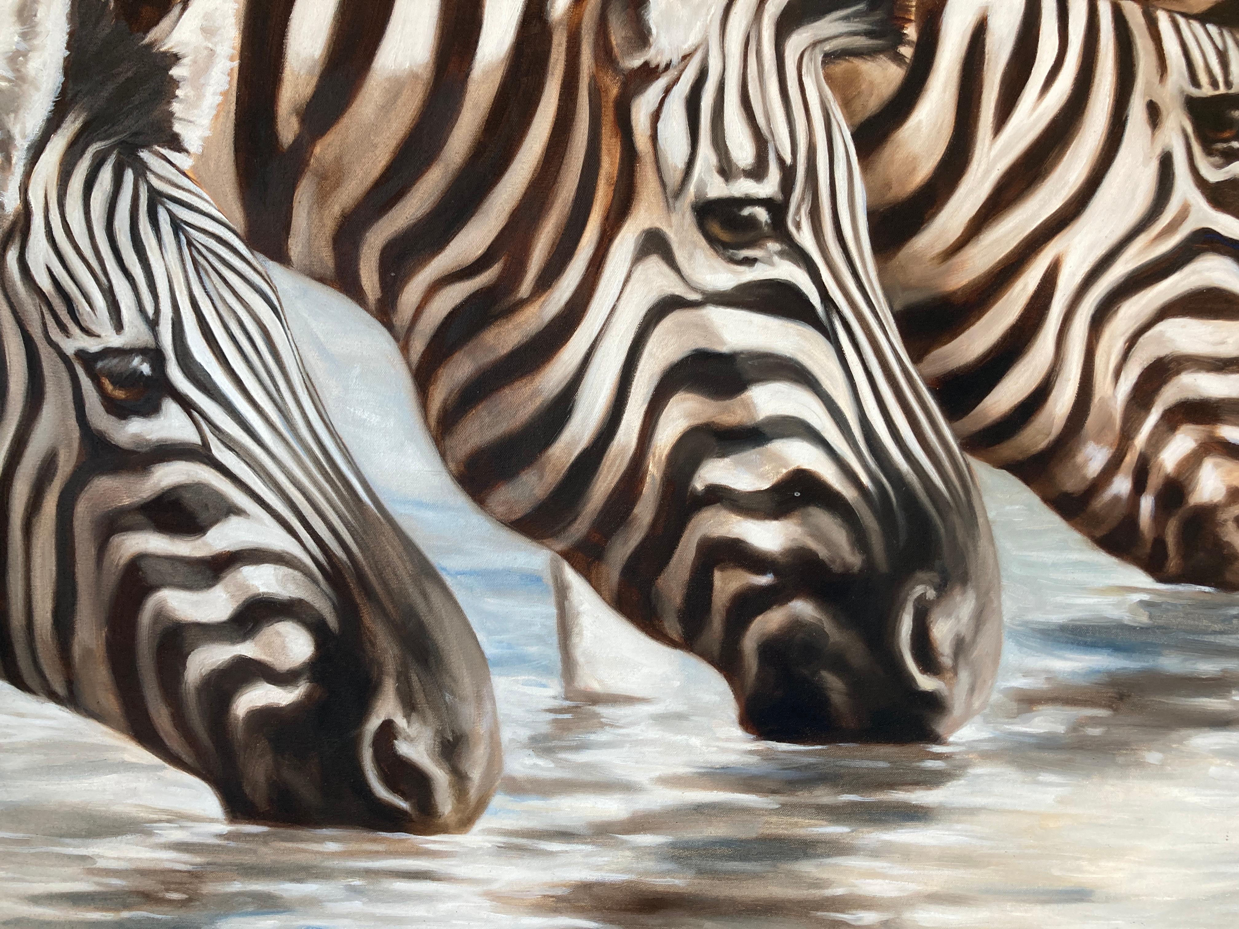 Large Oil on Canvas Oasis, African Zebras by Kindrie Grove, 1999 In Good Condition For Sale In North Hollywood, CA