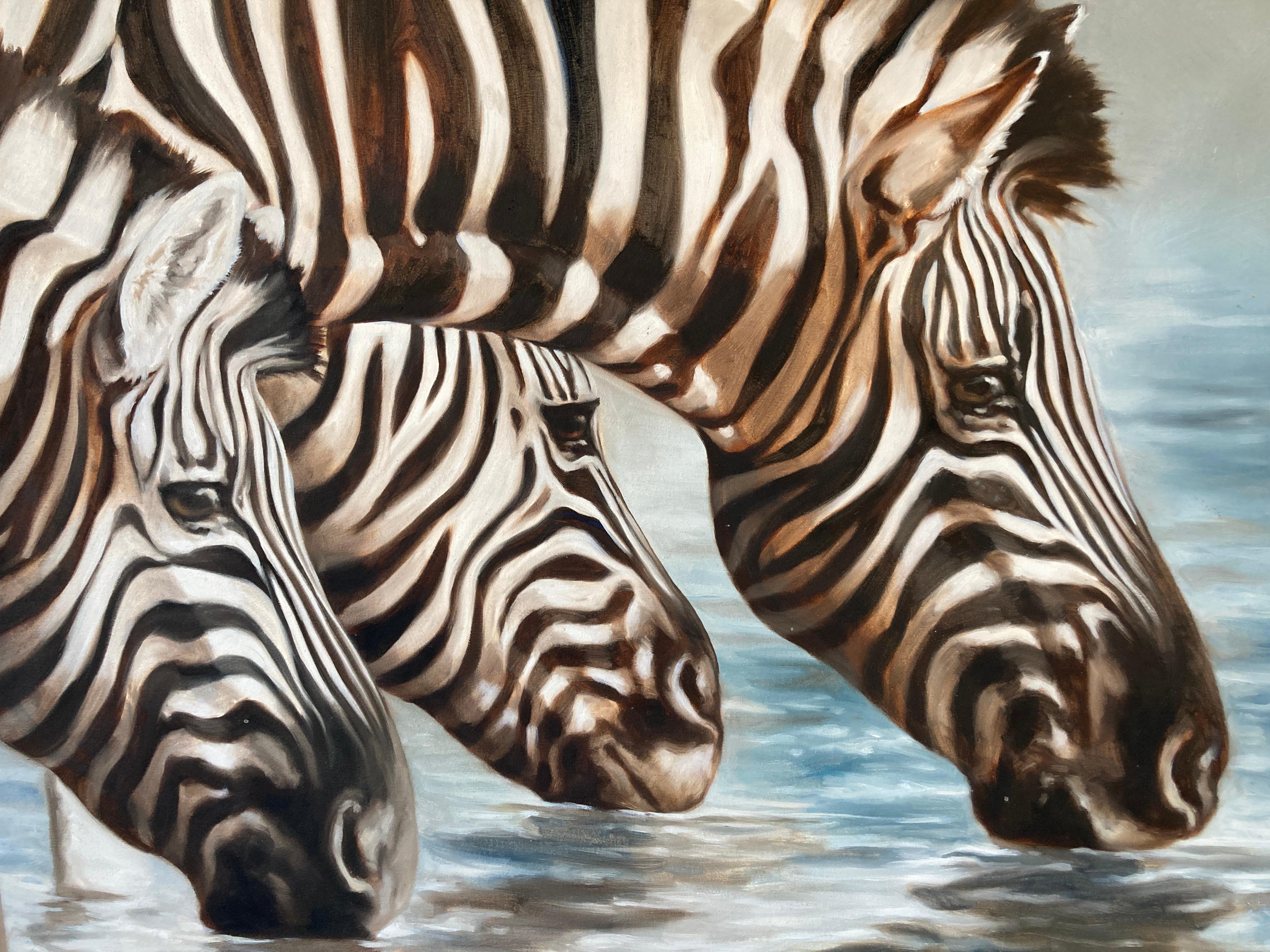 Large Oil on Canvas Oasis, African Zebras by Kindrie Grove, 1999 For Sale 1