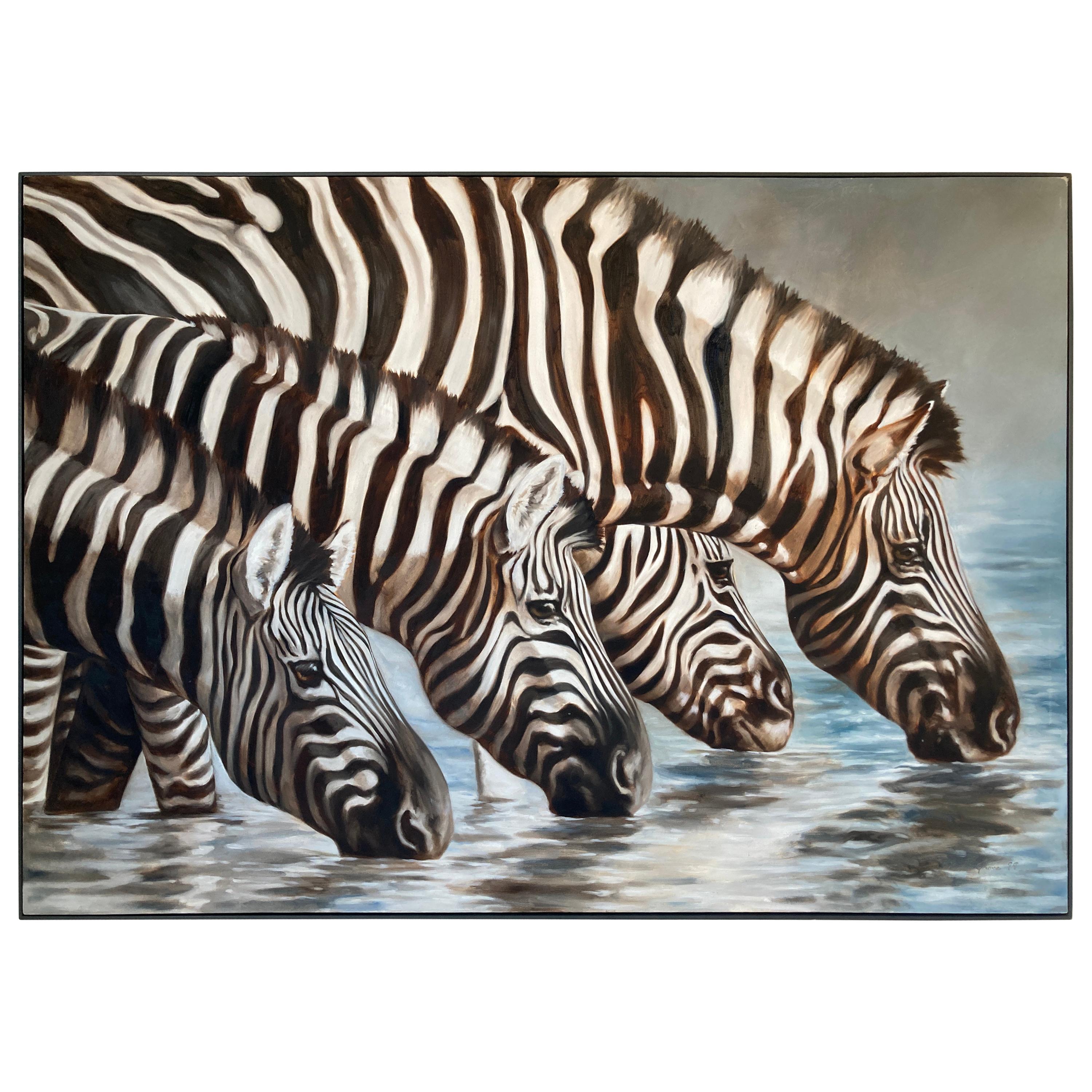 Large Oil on Canvas Oasis, African Zebras by Kindrie Grove, 1999