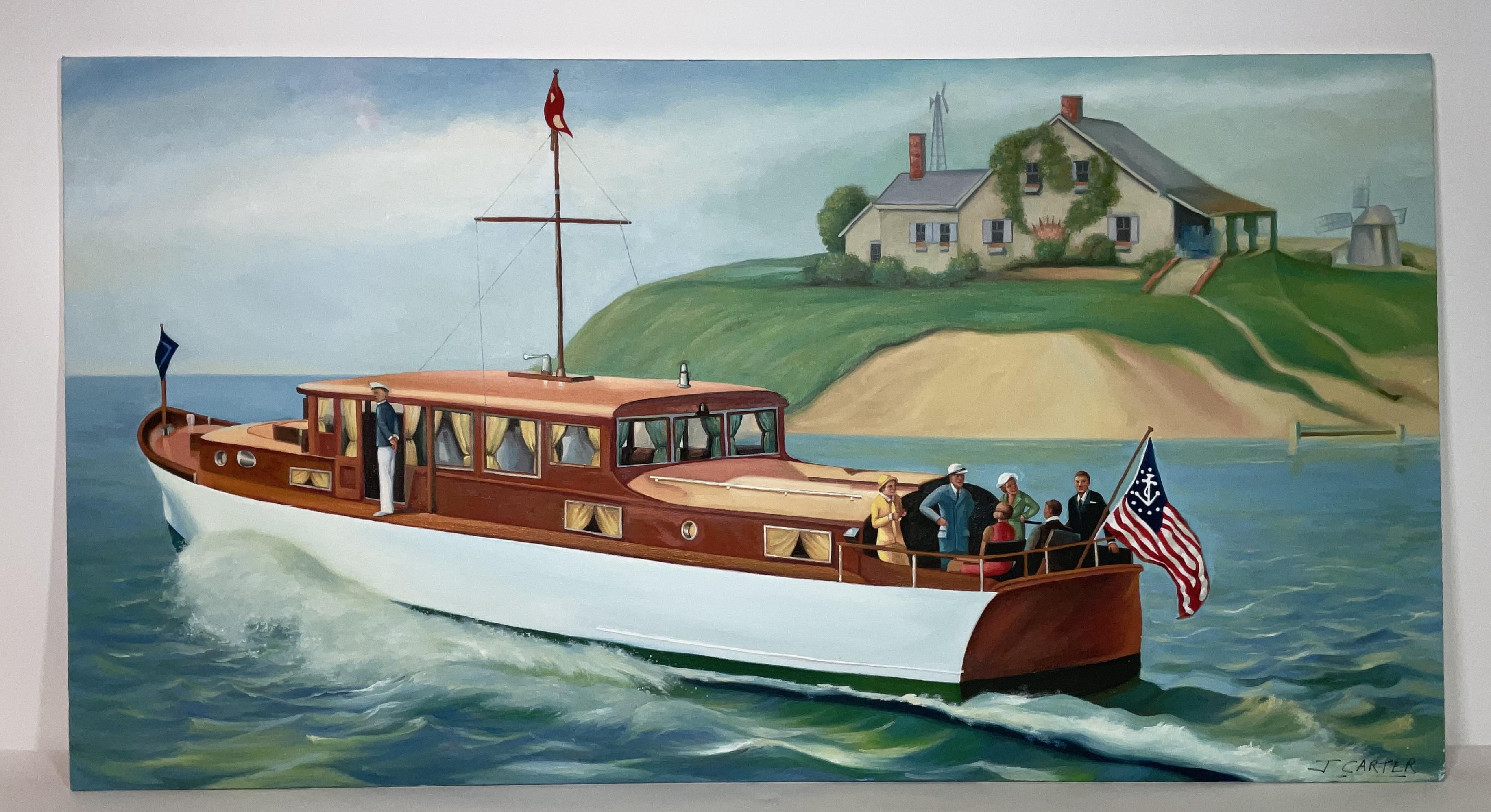 Large Oil on Canvas of a Motor Yacht with Guests For Sale