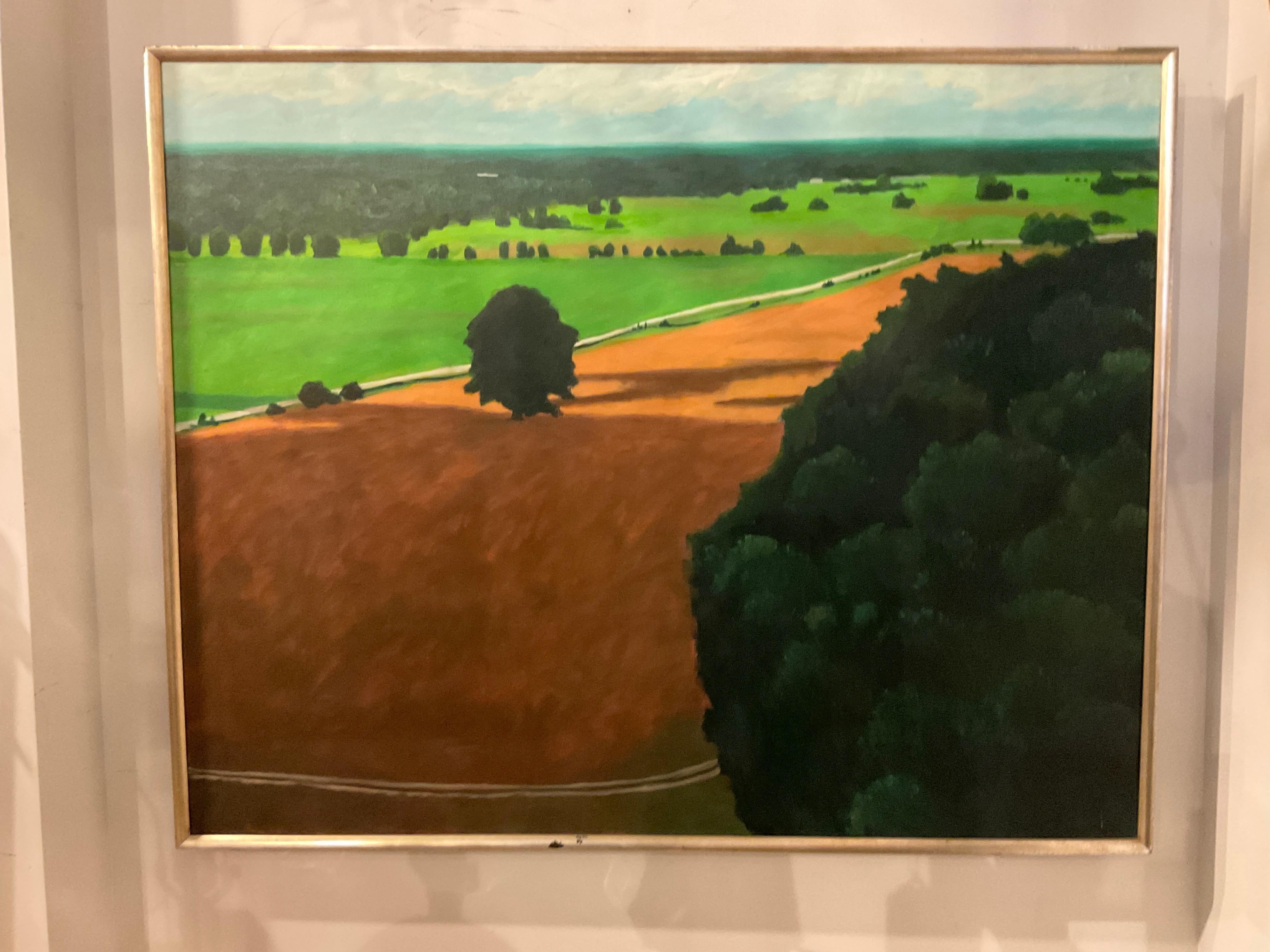 Large pastoral painting entitled View From A Fire Tower by Hershall Seals. 