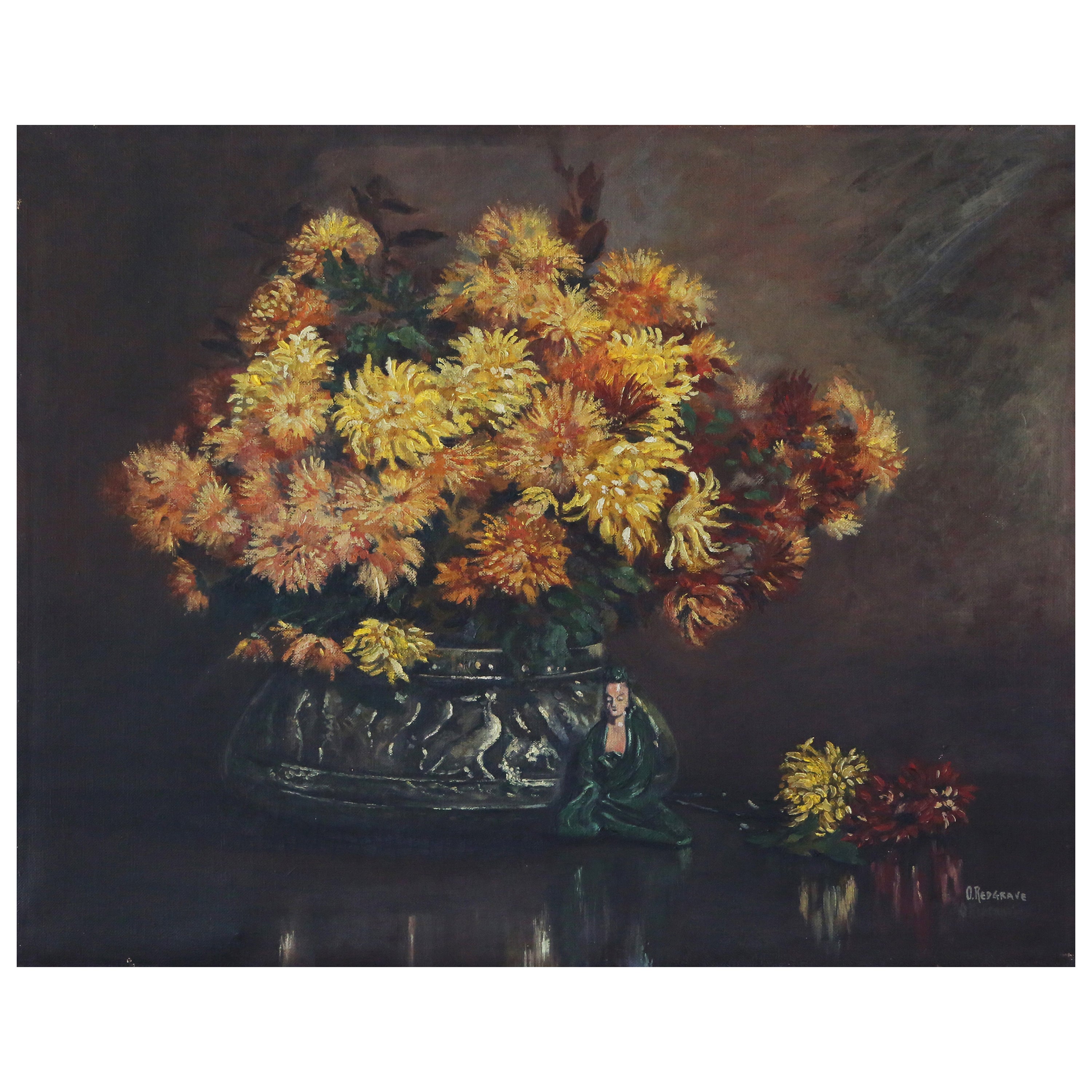 Grande huile sur toile Oeuvre d'art de O. Redgrave Nature morte au génie en vente