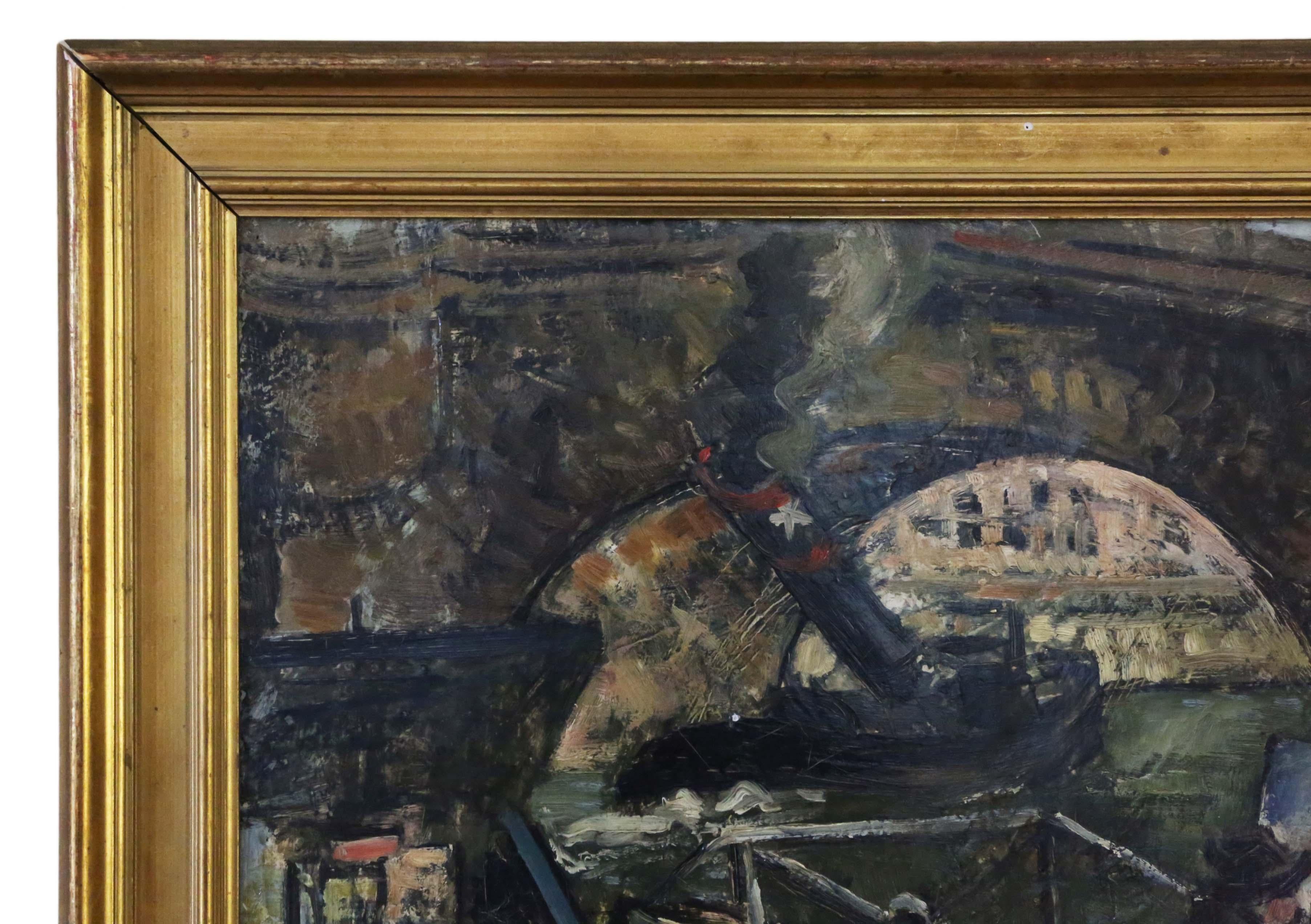 A fine quality large oil on canvas painting artwork by Pierre Peltier 1927, a vintage antique cityscape. The painting depicts a tugboat in trouble on the Seine at Pont Neuf. Titled 'La Seine au Pont Neuf'. This bears many similarities to the