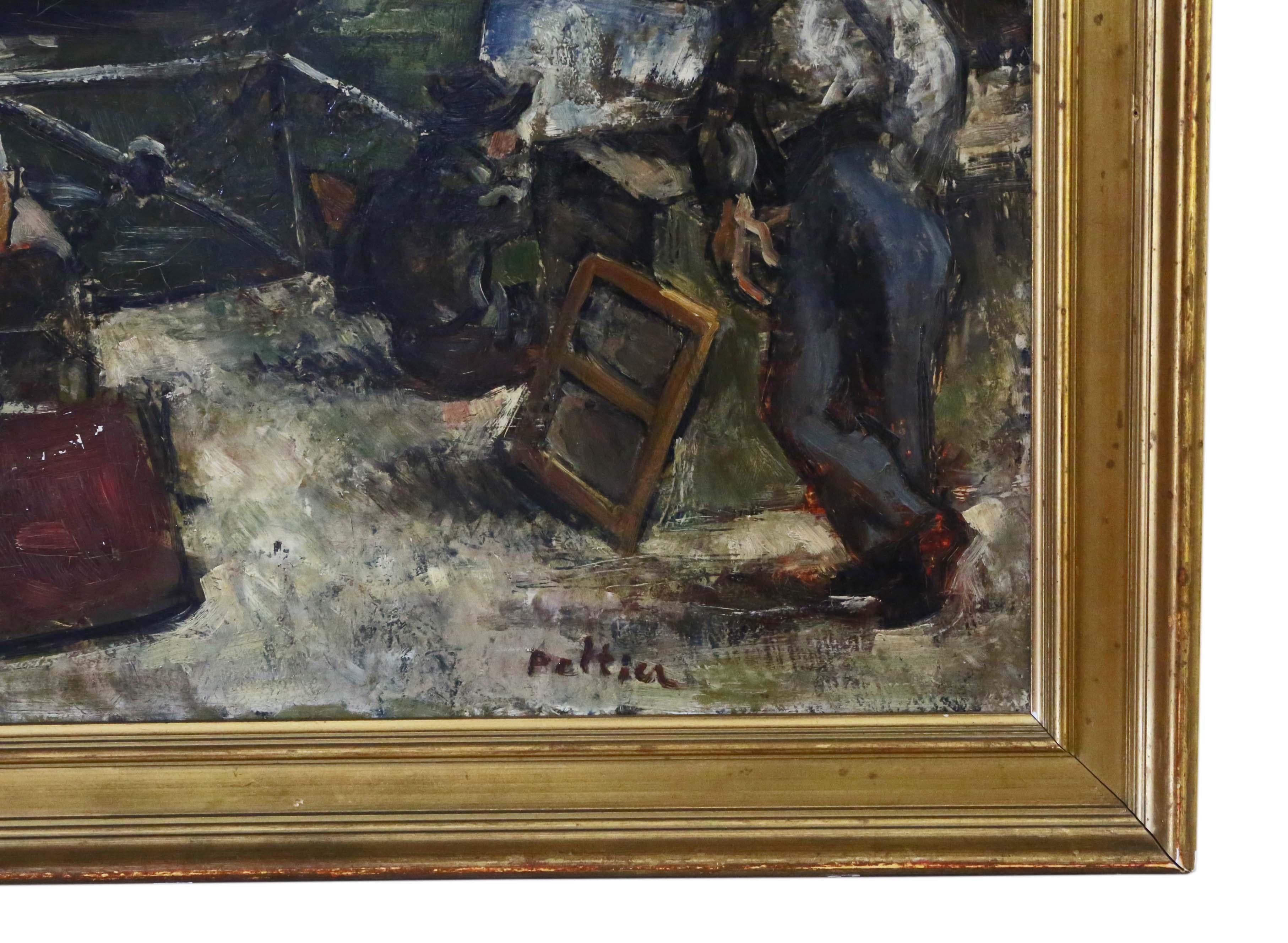 Gran Óleo sobre Lienzo Obra de Arte de Pierre Peltier Vintage Ciudad Antigua principios del siglo XX en venta