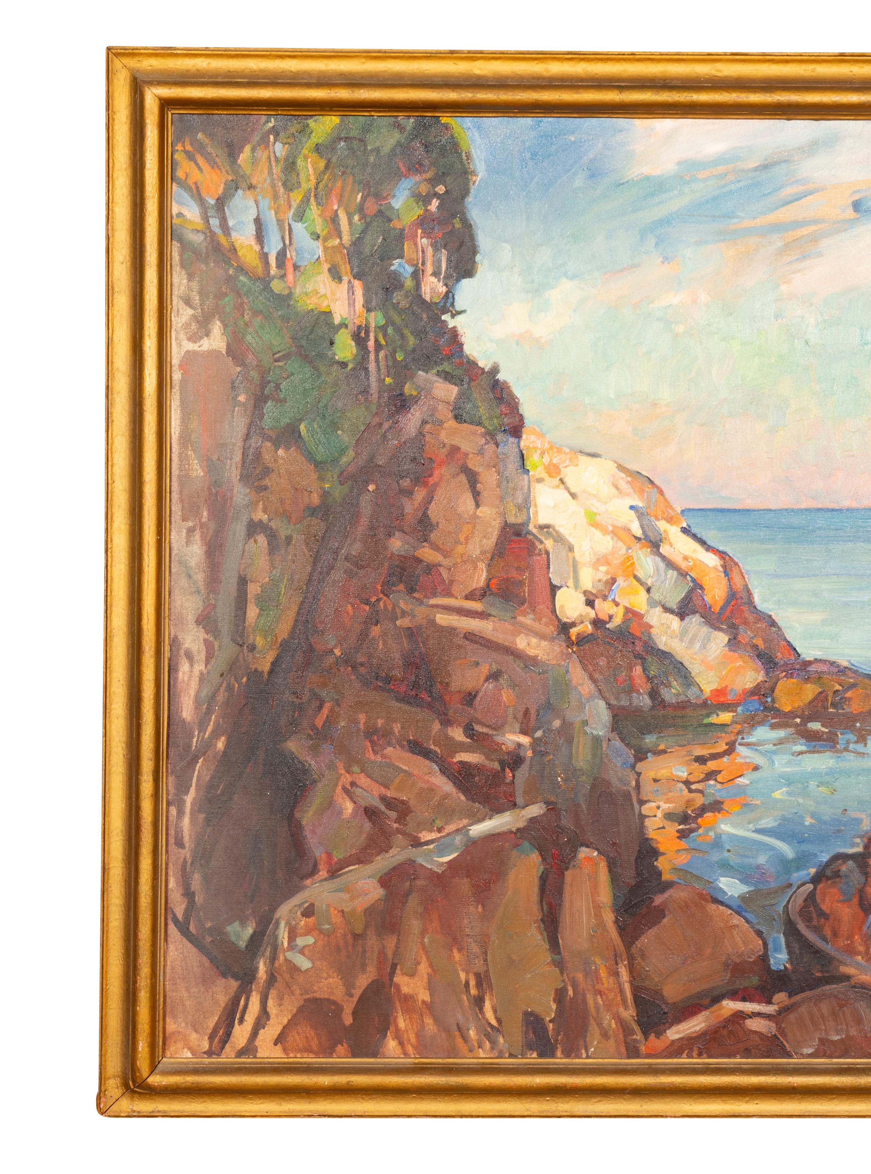 Large seascape with cove and ship. Either Gloucester Mass or coastal Maine. Well rendered and showing a rocky cove with trees ,ocean etc. Lester Stevens 1888-1969 is a well noted 
American painter. Scuffing to original frame. 