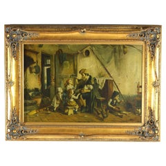 Gran cuadro al óleo sobre lienzo "Hora de comer" de E. Bolton, Giltwood enmarcado, C1940