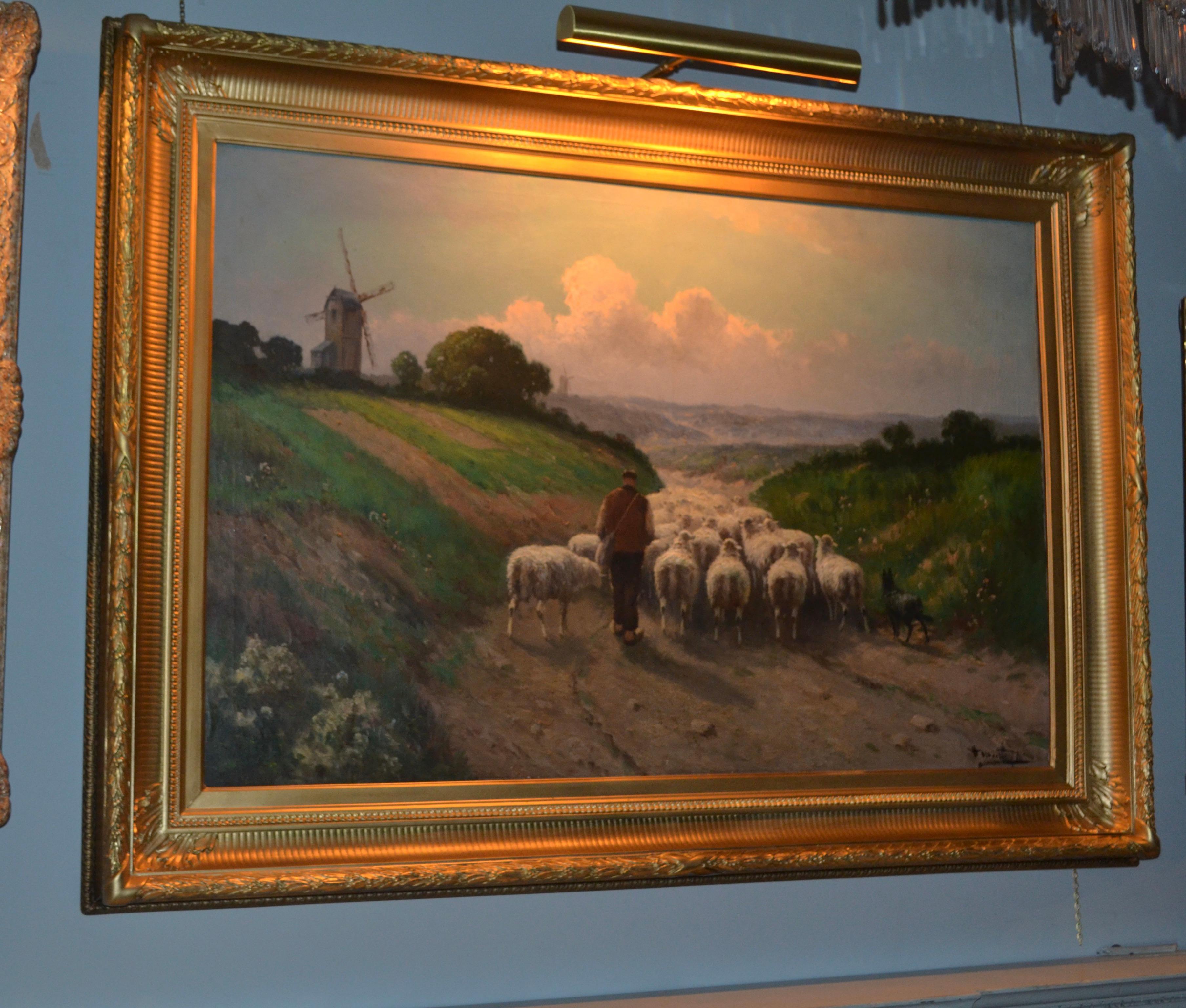  Large oil on canvas Painting of a Shepherd herding his Flock by Henri Matthys For Sale 2