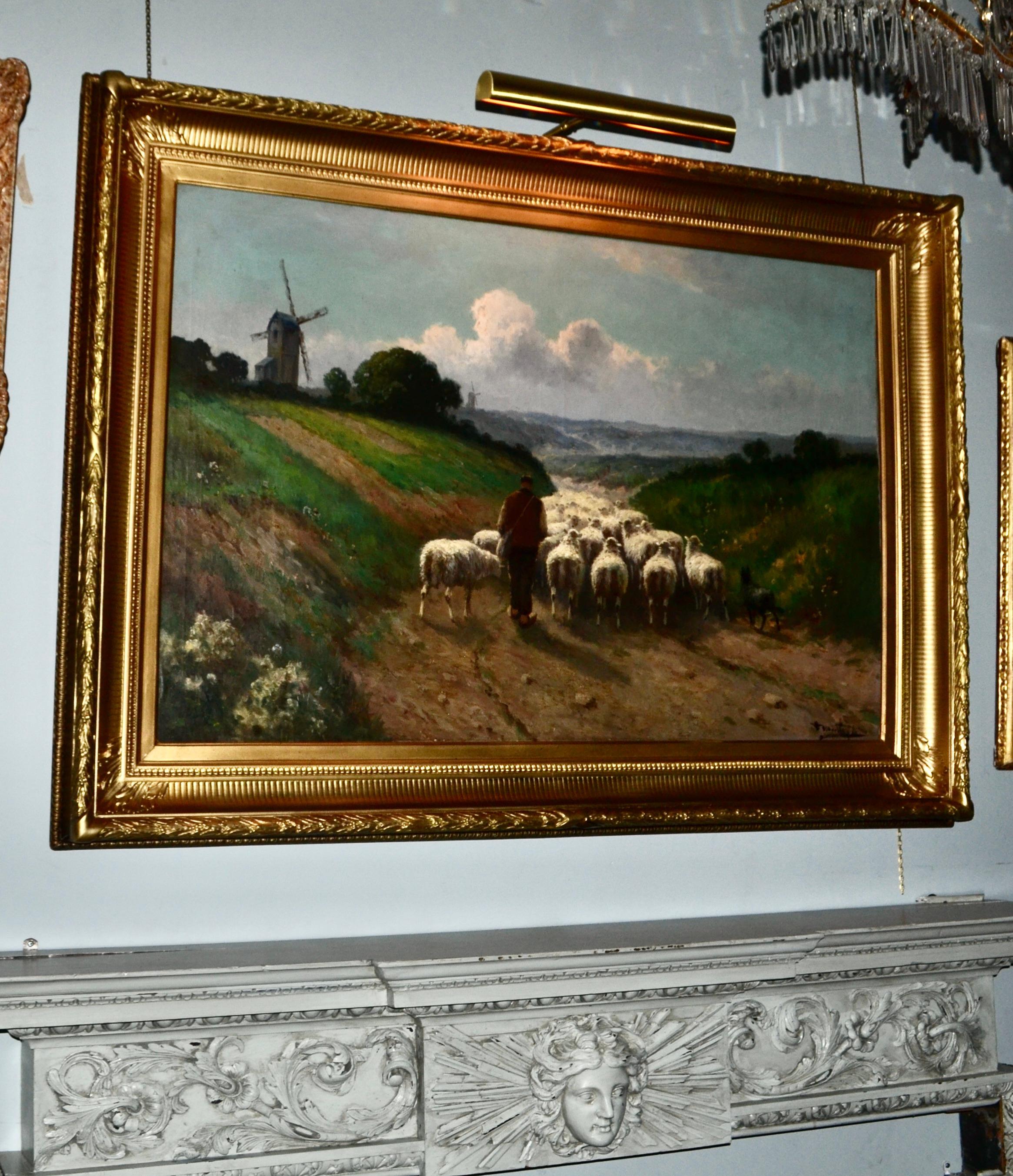  Large oil on canvas Painting of a Shepherd herding his Flock by Henri Matthys For Sale 3