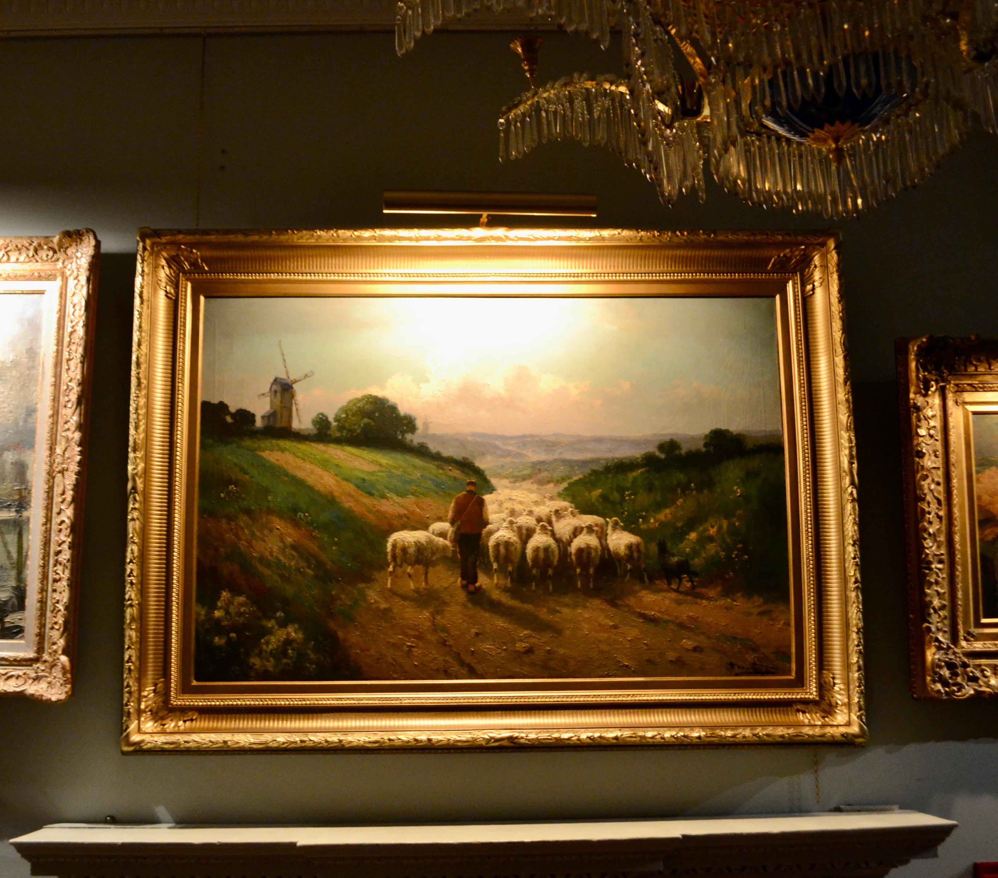  Large oil on canvas Painting of a Shepherd herding his Flock by Henri Matthys For Sale 4