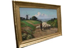 Large oil on canvas Painting of a Shepherd herding his Flock by Henri Matthys