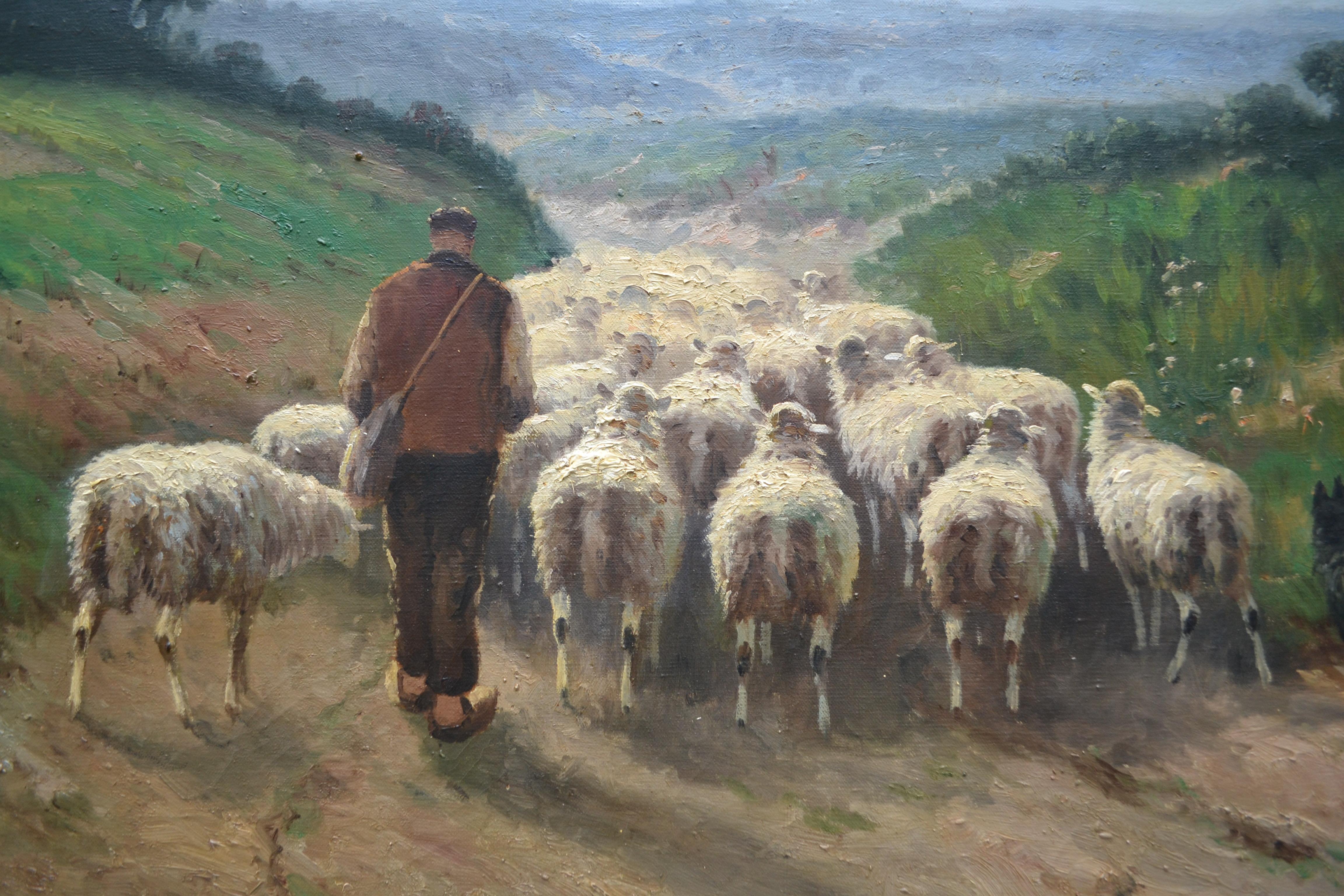 Belgian  Large oil on canvas Painting of a Shepherd herding his Flock by Henri Matthys For Sale