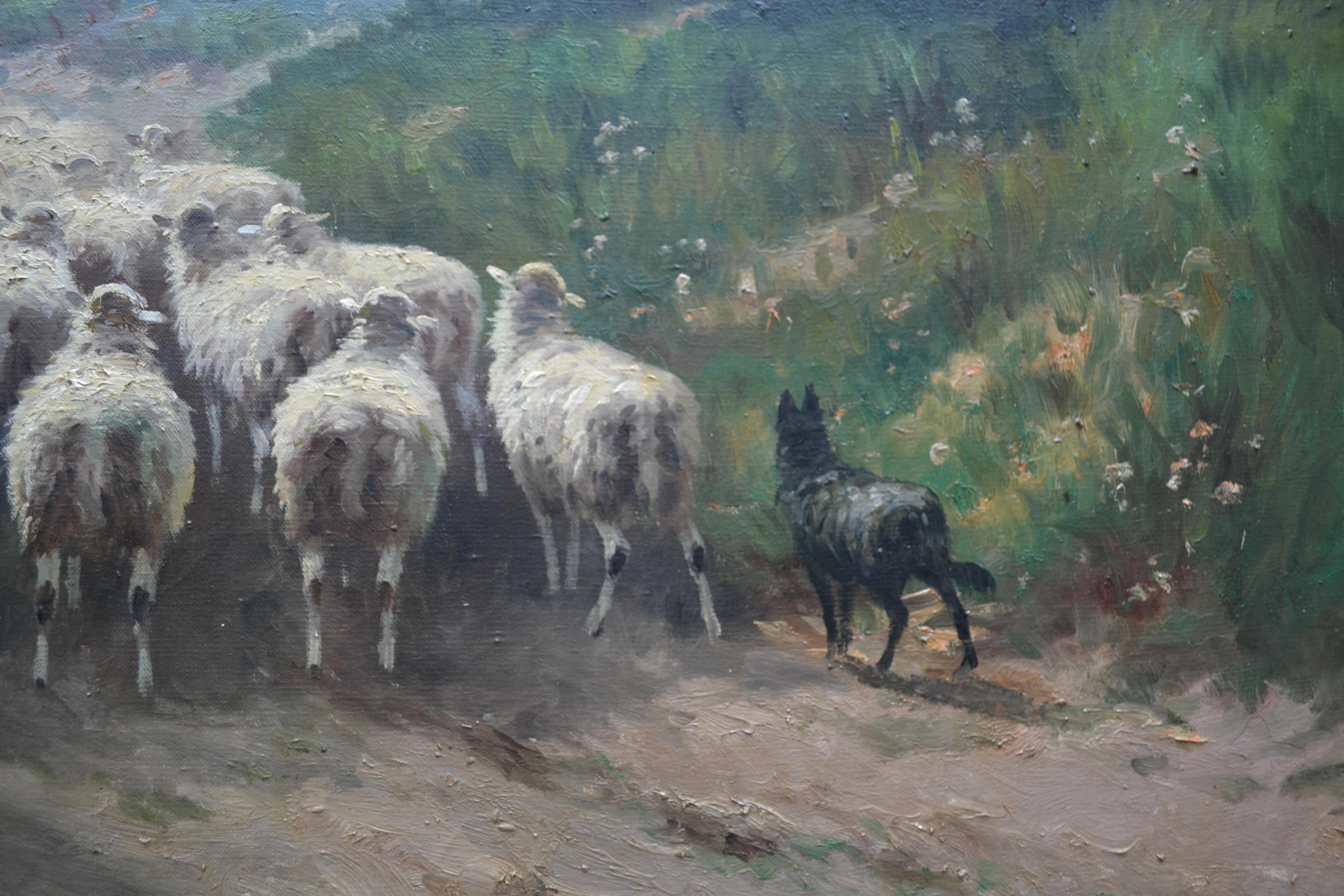 Hand-Painted  Large oil on canvas Painting of a Shepherd herding his Flock by Henri Matthys For Sale
