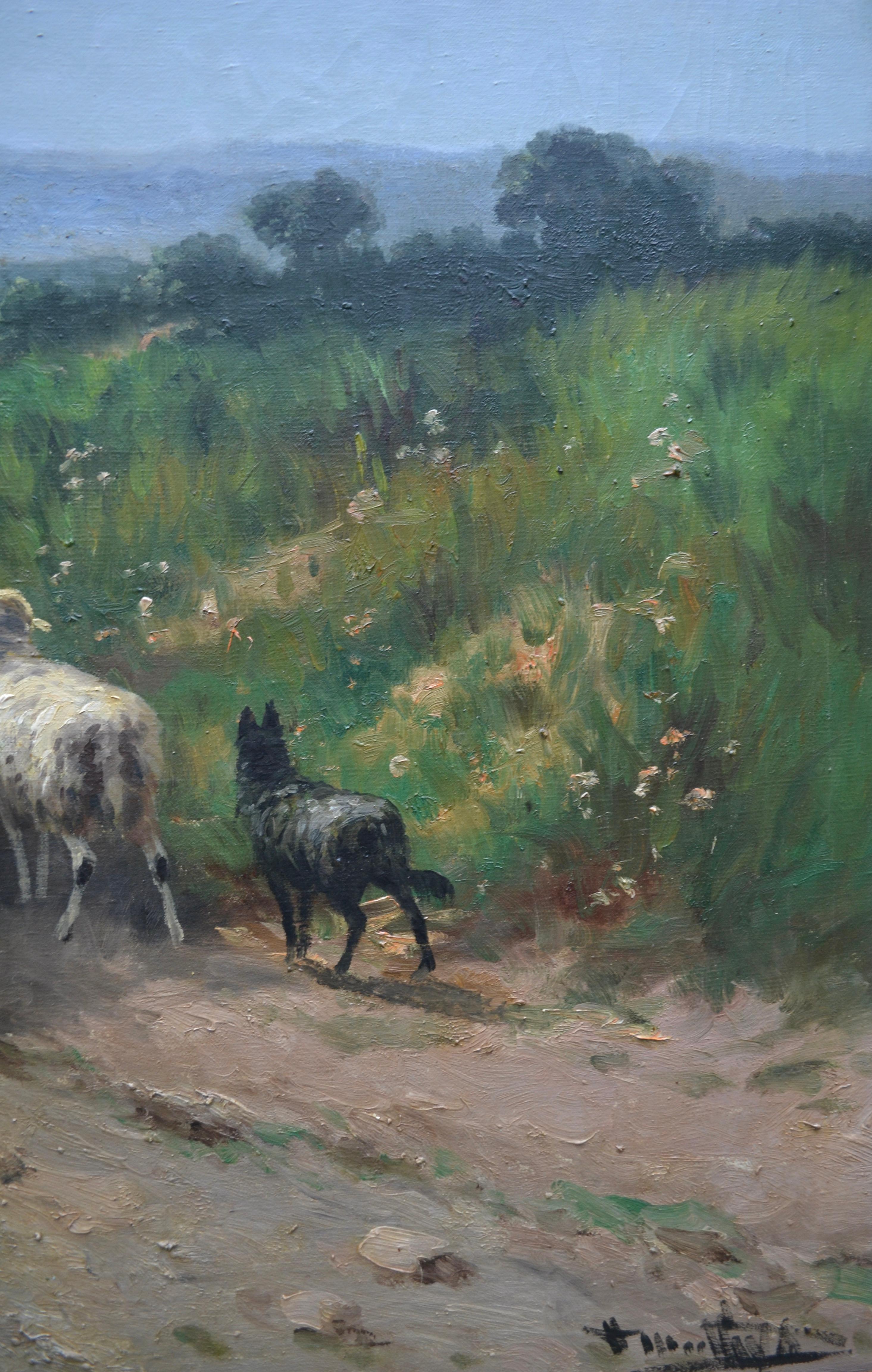  Large oil on canvas Painting of a Shepherd herding his Flock by Henri Matthys In Good Condition For Sale In Vancouver, British Columbia