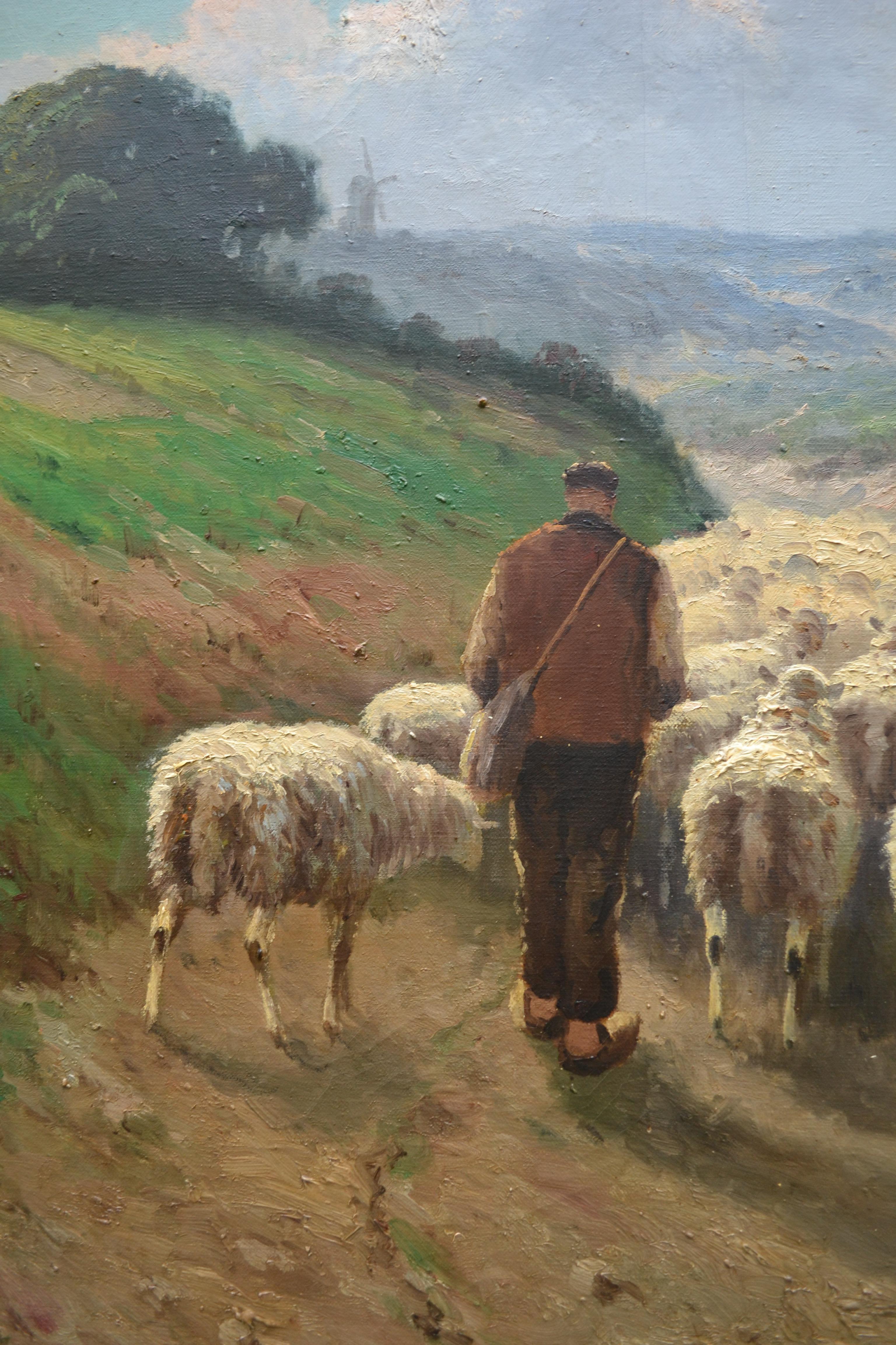 20th Century  Large oil on canvas Painting of a Shepherd herding his Flock by Henri Matthys For Sale