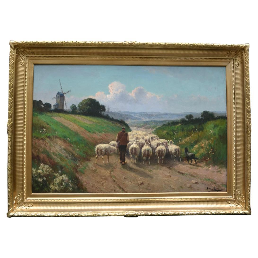  Large oil on canvas Painting of a Shepherd herding his Flock by Henri Matthys For Sale