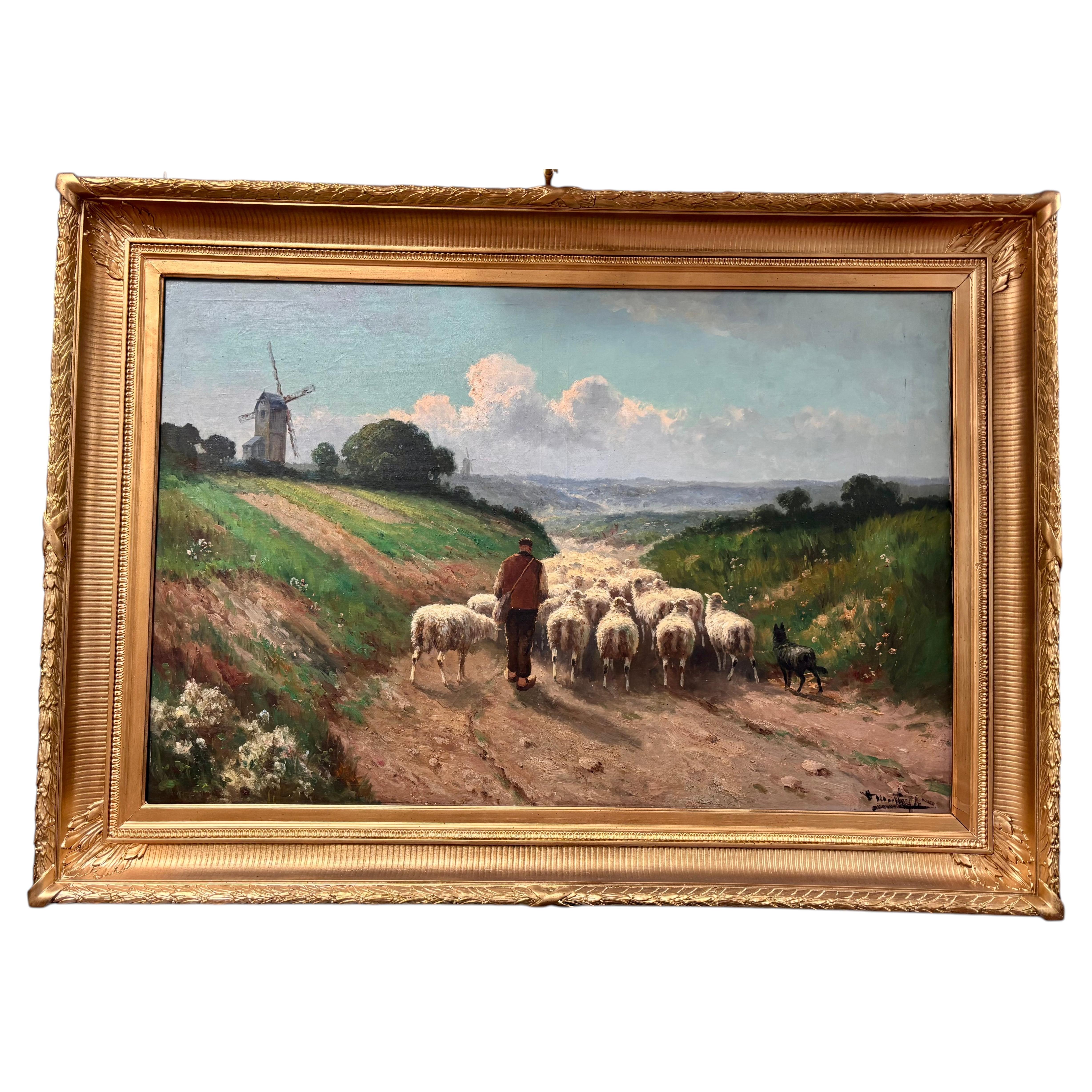 Large oil on canvas Painting of a Shepherd herding his Flock by Henri Matthys For Sale