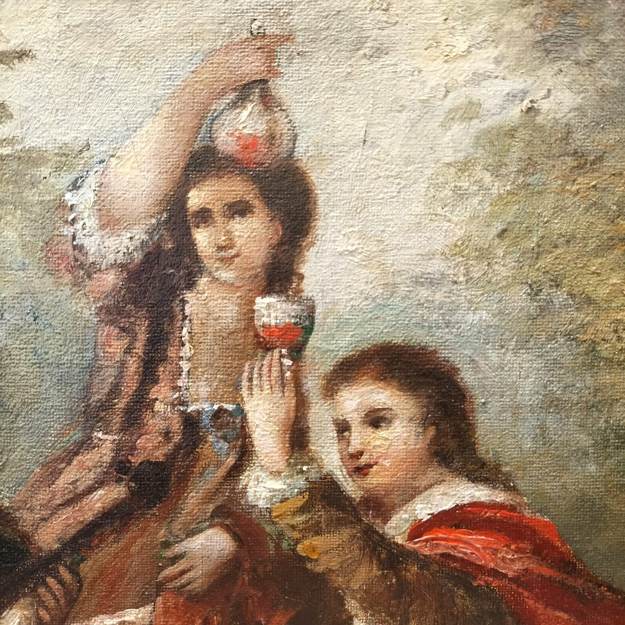 Large Oil-on-Canvas Painting of Aristocrats in a Lush Garden, 19th Century 5
