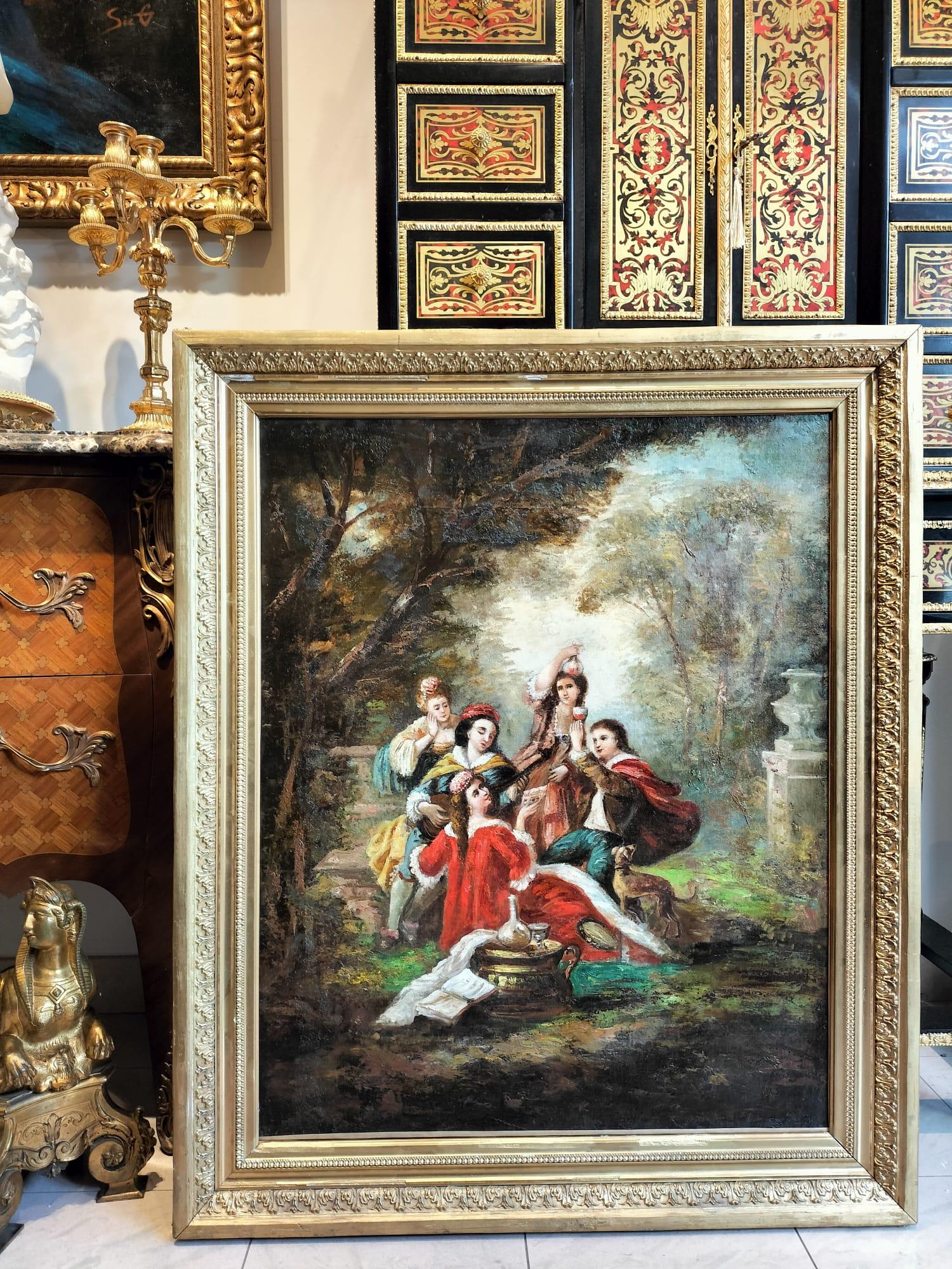 Large Oil-on-Canvas Painting of Aristocrats in a Lush Garden, 19th Century 9
