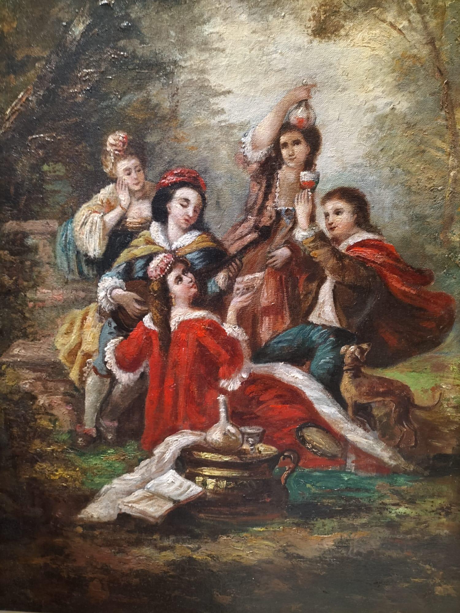 French Large Oil-on-Canvas Painting of Aristocrats in a Lush Garden, 19th Century