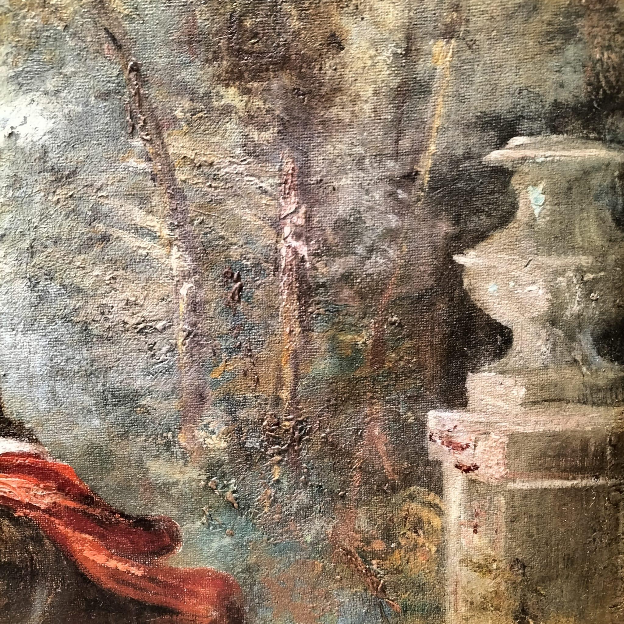 Oiled Large Oil-on-Canvas Painting of Aristocrats in a Lush Garden, 19th Century