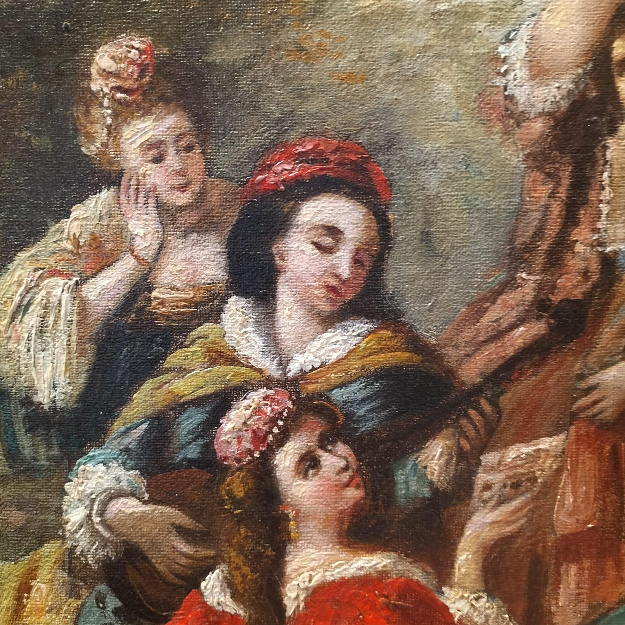 Large Oil-on-Canvas Painting of Aristocrats in a Lush Garden, 19th Century 4