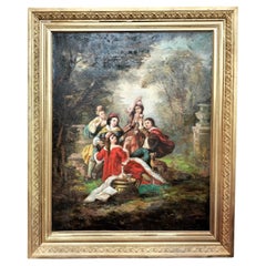 Used Large Oil-on-Canvas Painting of Aristocrats in a Lush Garden, 19th Century