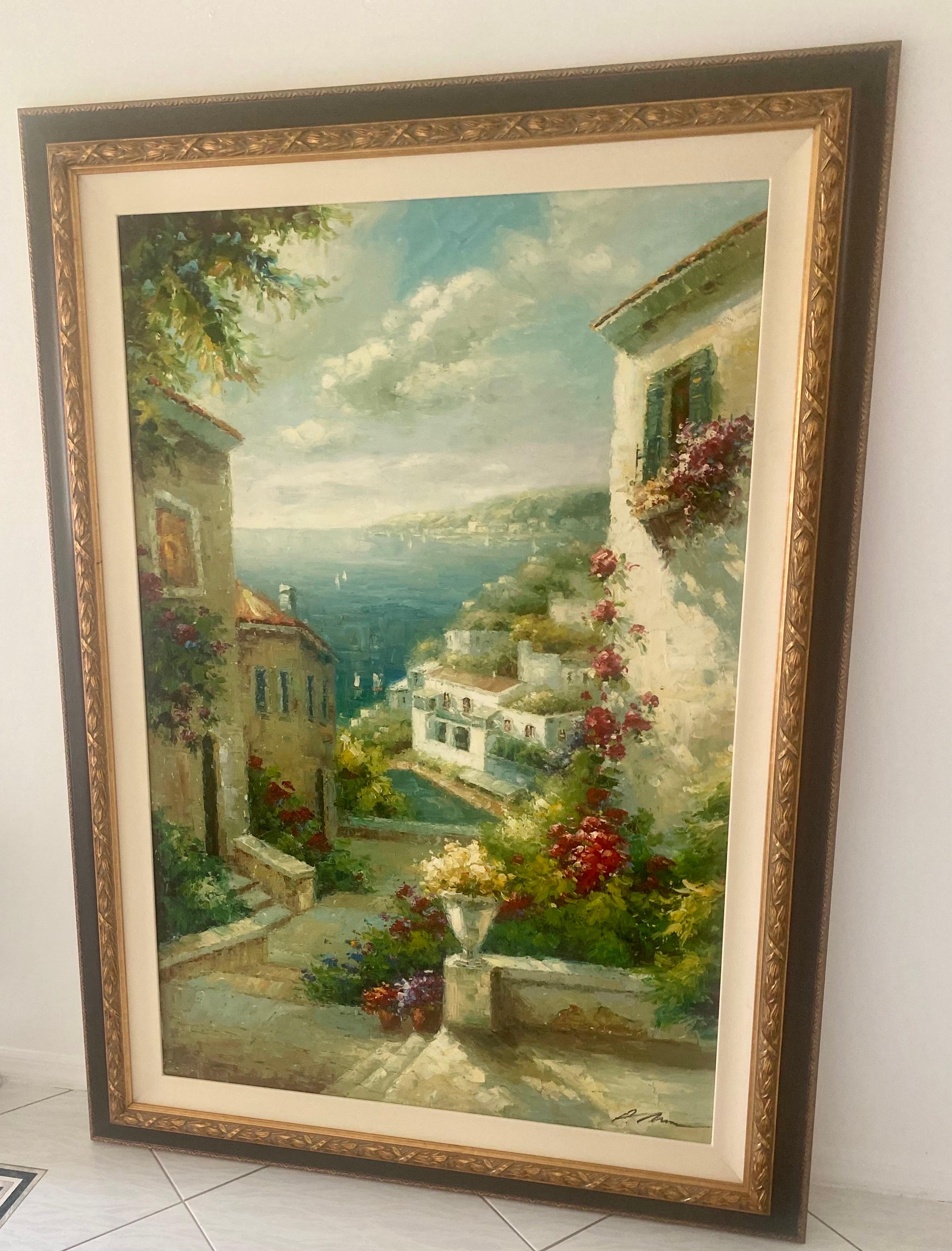 20th Century Large Oil on Canvas Painting of Coastal Italy, Signed For Sale