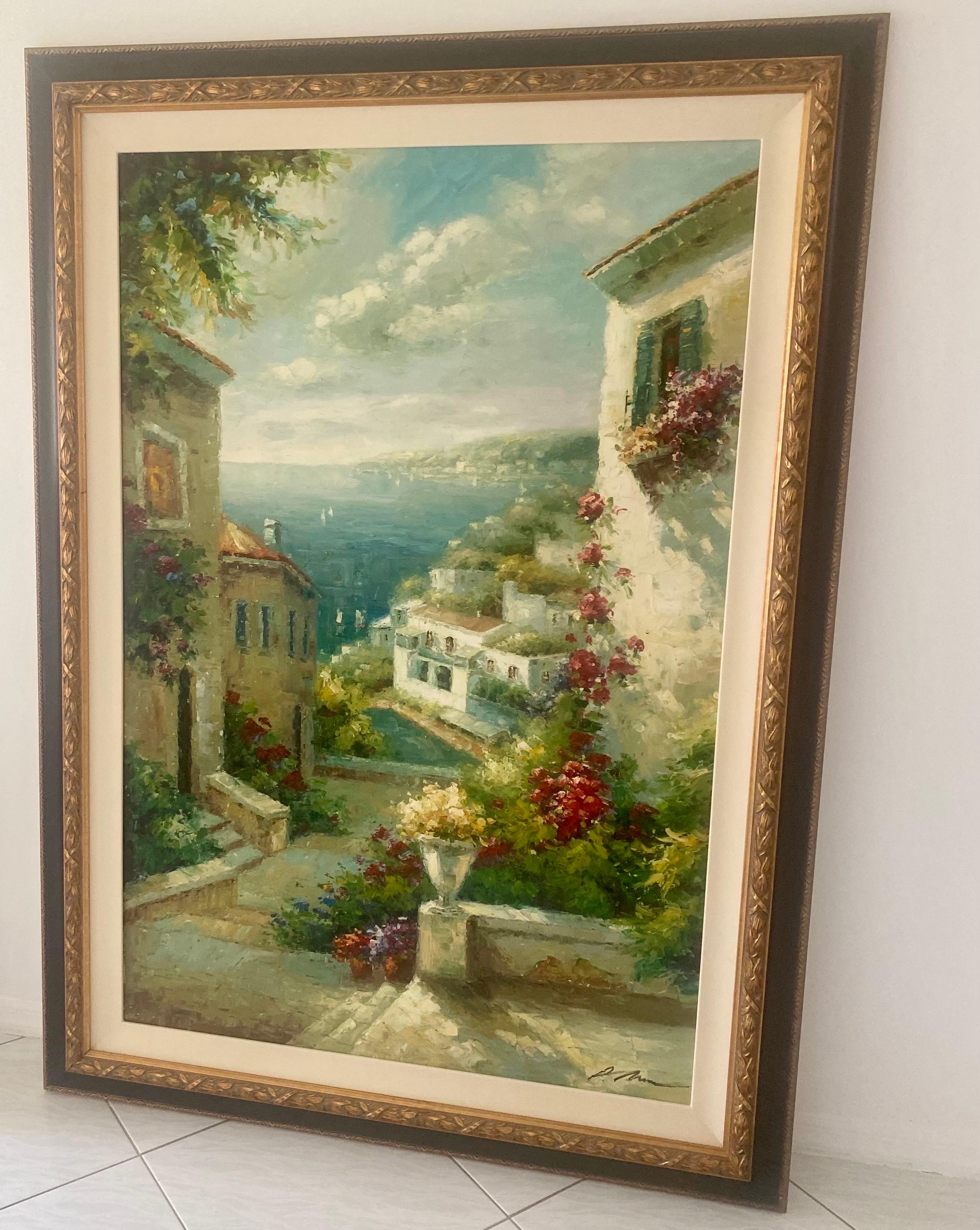 Large Oil on Canvas Painting of Coastal Italy, Signed For Sale 1