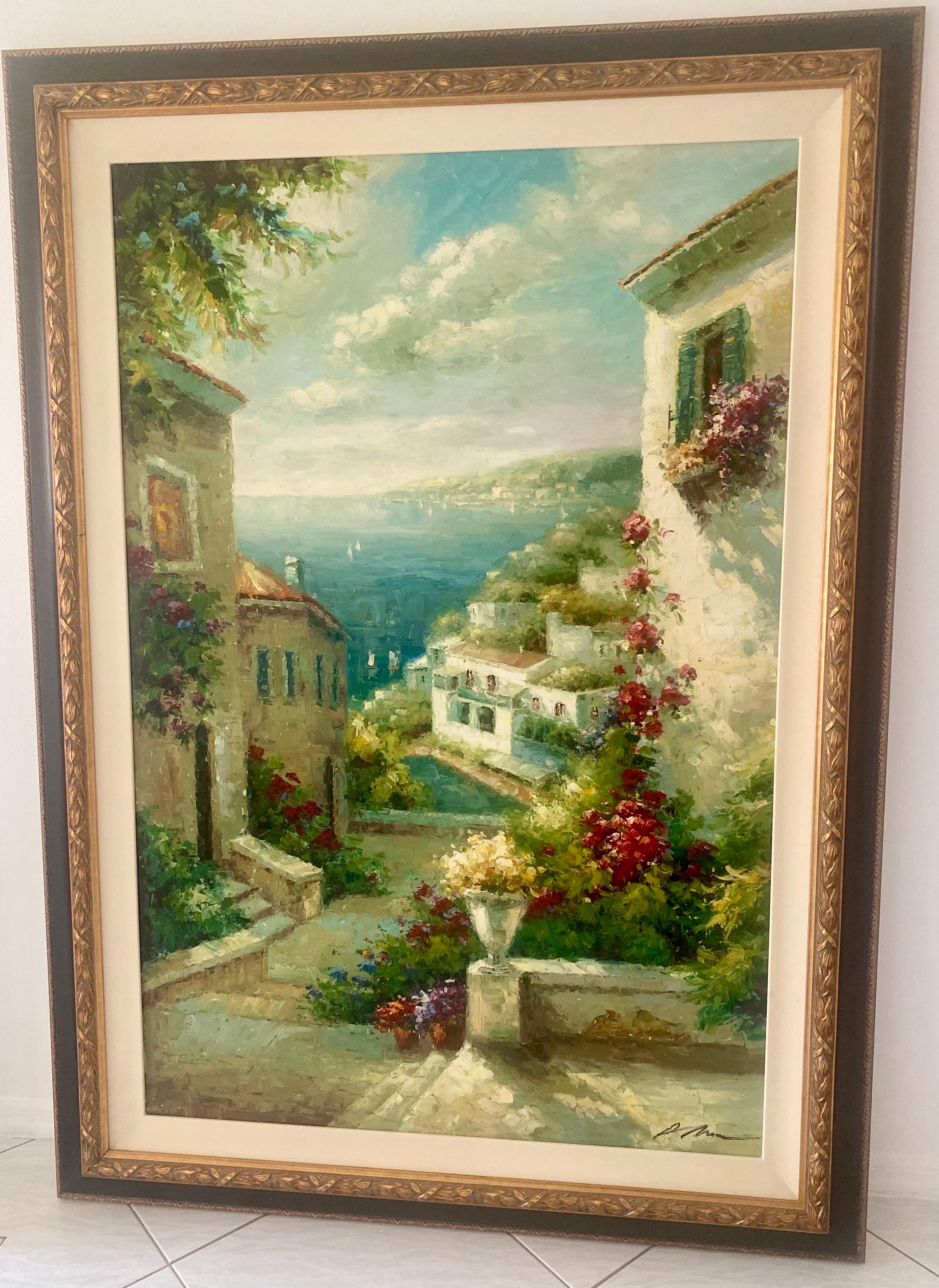 Large Oil on Canvas Painting of Coastal Italy, Signed For Sale 2