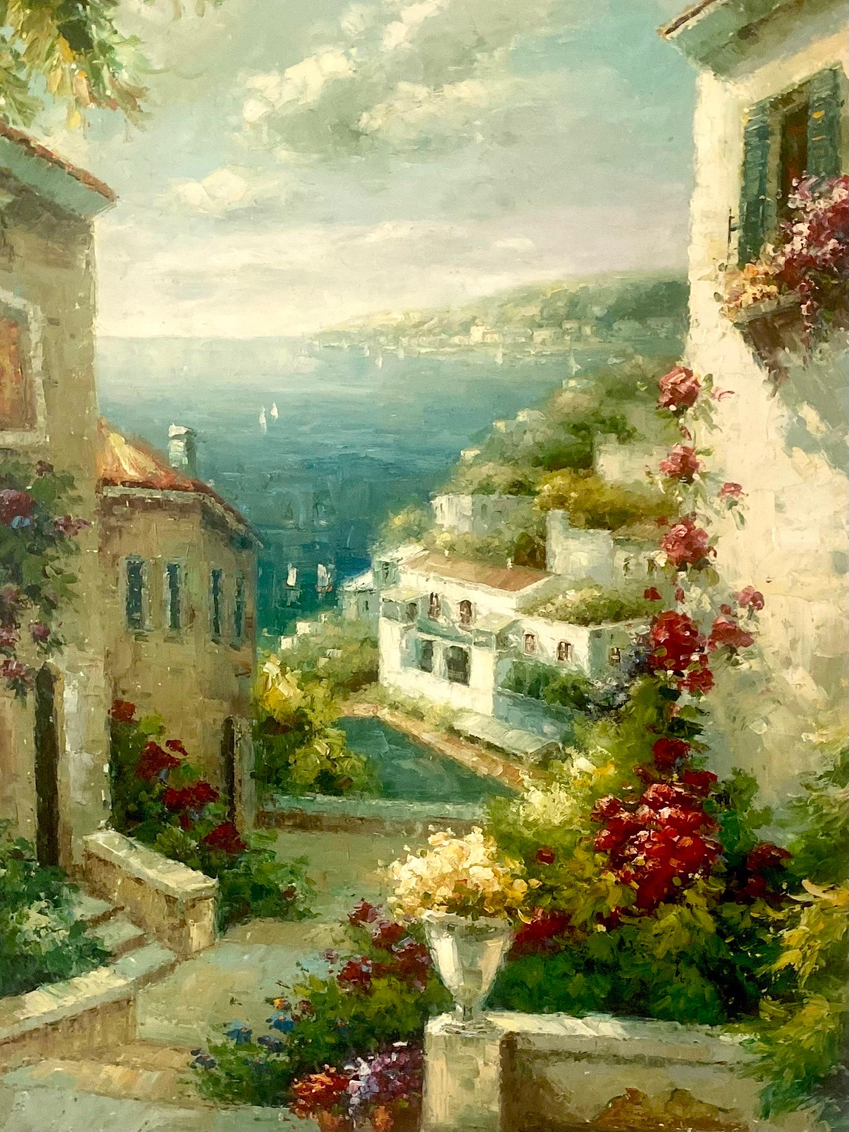 Large Oil on Canvas Painting of Coastal Italy, Signed For Sale 3