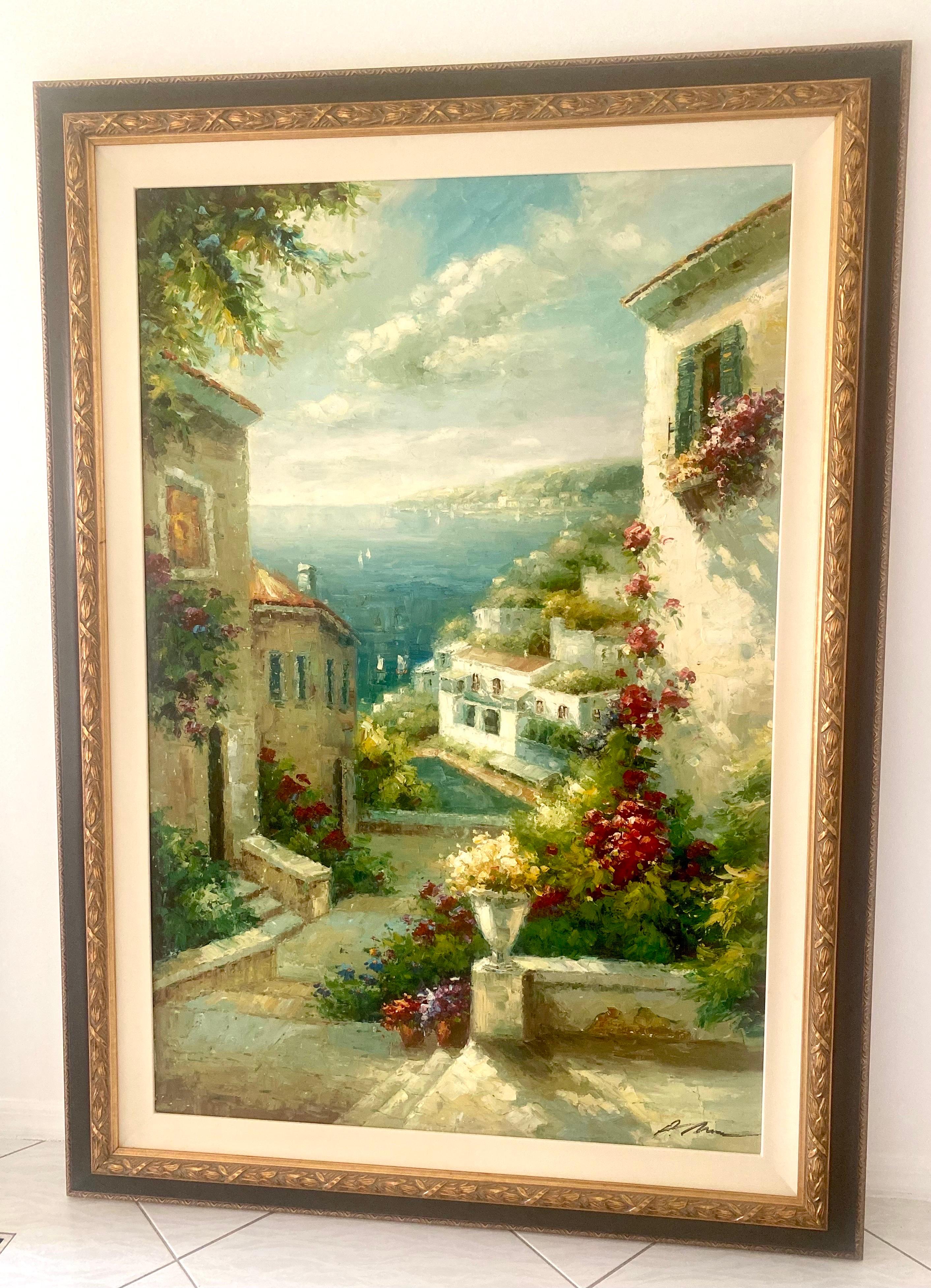 Large Oil on Canvas Painting of Coastal Italy, Signed For Sale 4