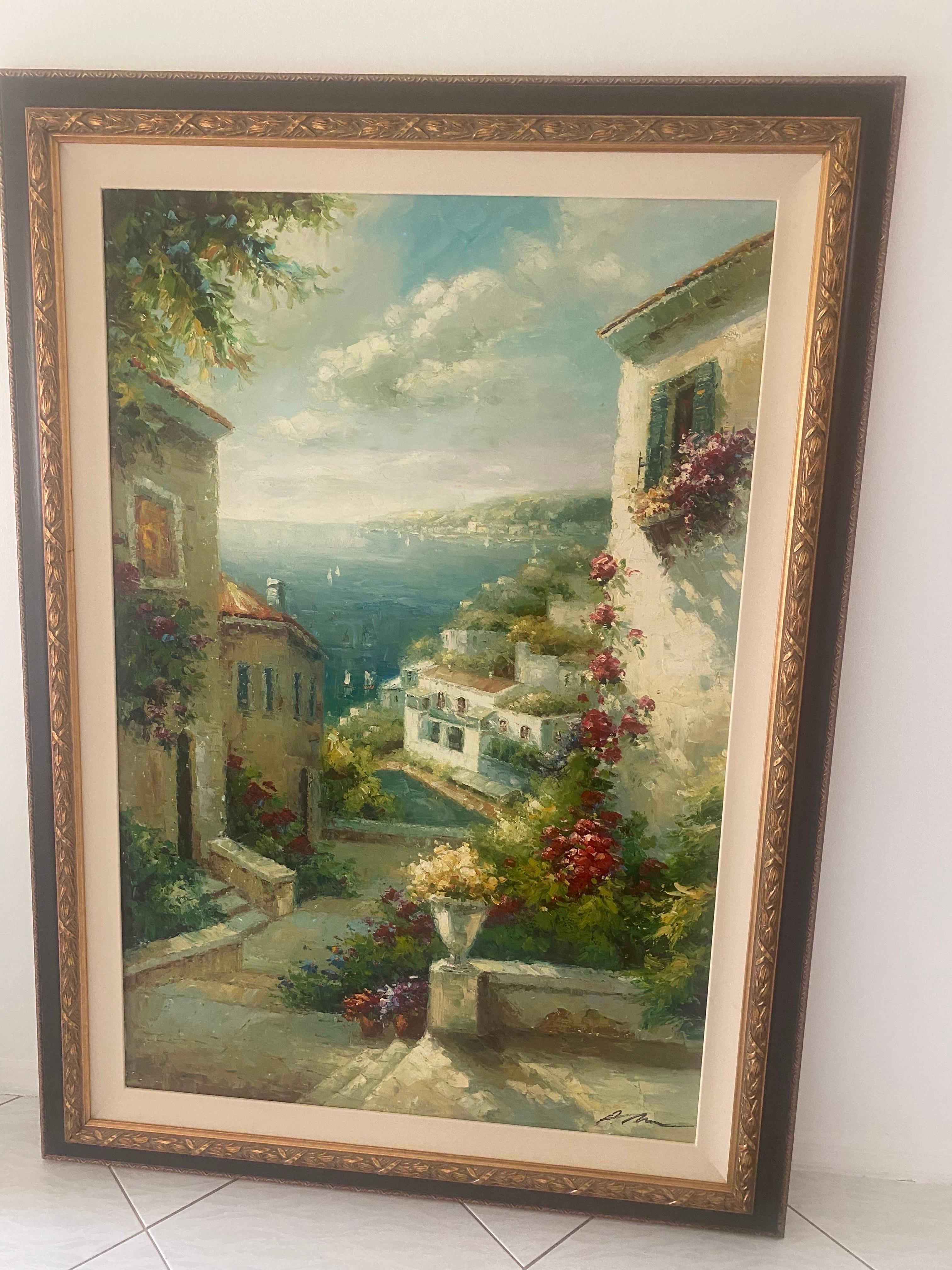 A very large oil on canvas painting, Impressionism technique, of a charming coastal view. The frame is custom made of gilded gold and black wood. The painting and frame are in very good condition. It is wired for hanging and weighs approximately