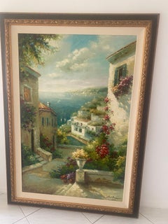 Large Oil on Canvas Painting of Coastal Italy, Signed