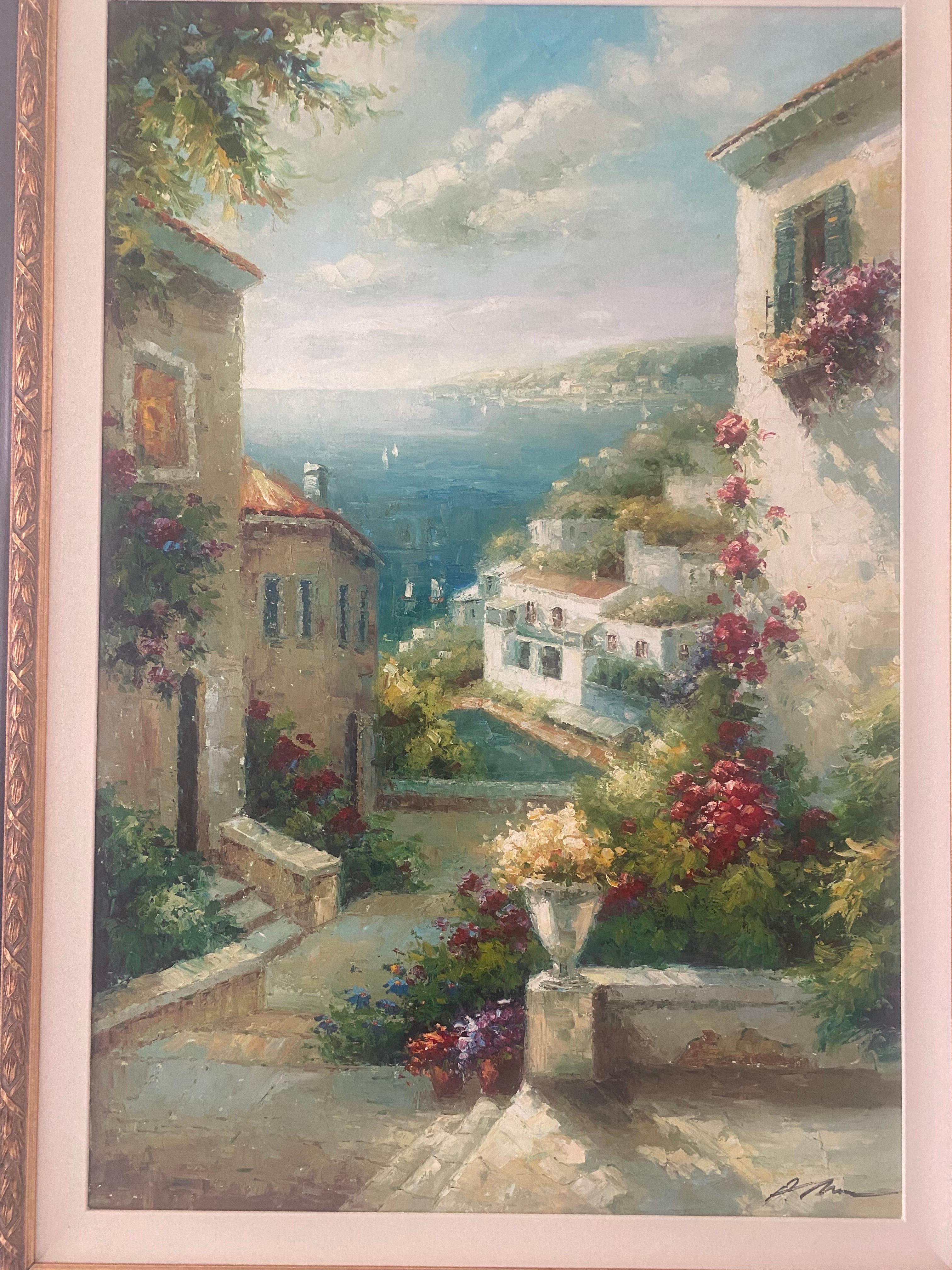 Belge Grande peinture à l'huile sur toile d'Italie de la côte, signée en vente