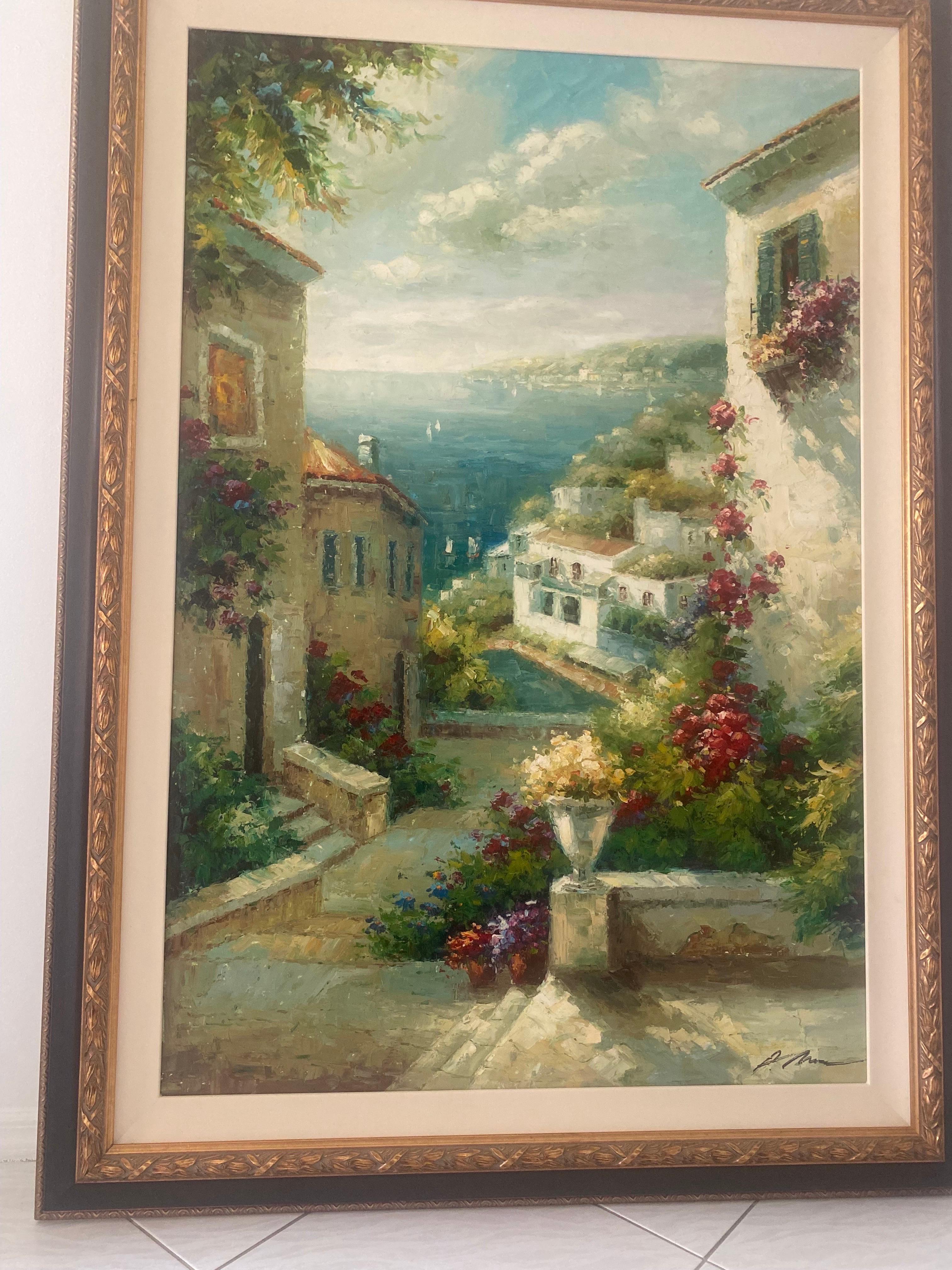 Large Oil on Canvas Painting of Coastal Italy, Signed In Good Condition For Sale In Miami, FL