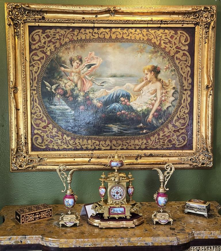 Großes Öl auf Leinwand Gemälde von 'Venus & Amor' nach Hans Zatzka (Österreichisch) im Angebot