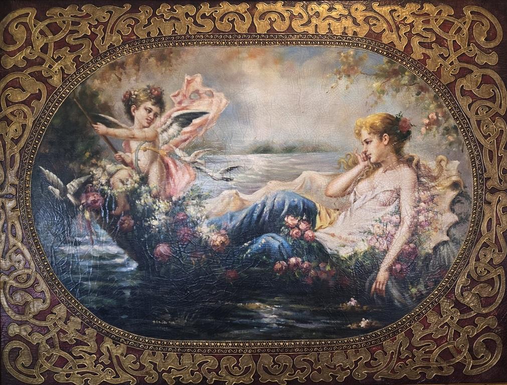 Großes Öl auf Leinwand Gemälde von 'Venus & Amor' nach Hans Zatzka (Handbemalt) im Angebot