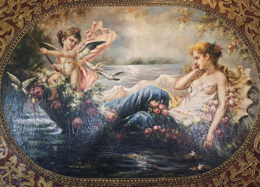 Großes Öl auf Leinwand Gemälde von 'Venus & Amor' nach Hans Zatzka im Zustand „Gut“ im Angebot in Dallas, TX