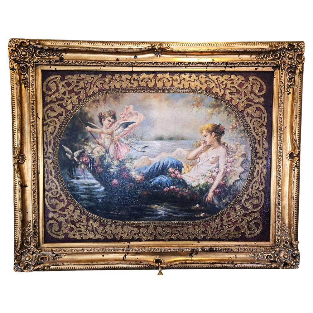 Large Oil on Canvas Painting of ‘Venus & Cupid’ After Hans Zatzka