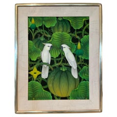 Large Oil on Canvas Painting, Parrots in Tropics by Balinese Artist Nyoman Laba