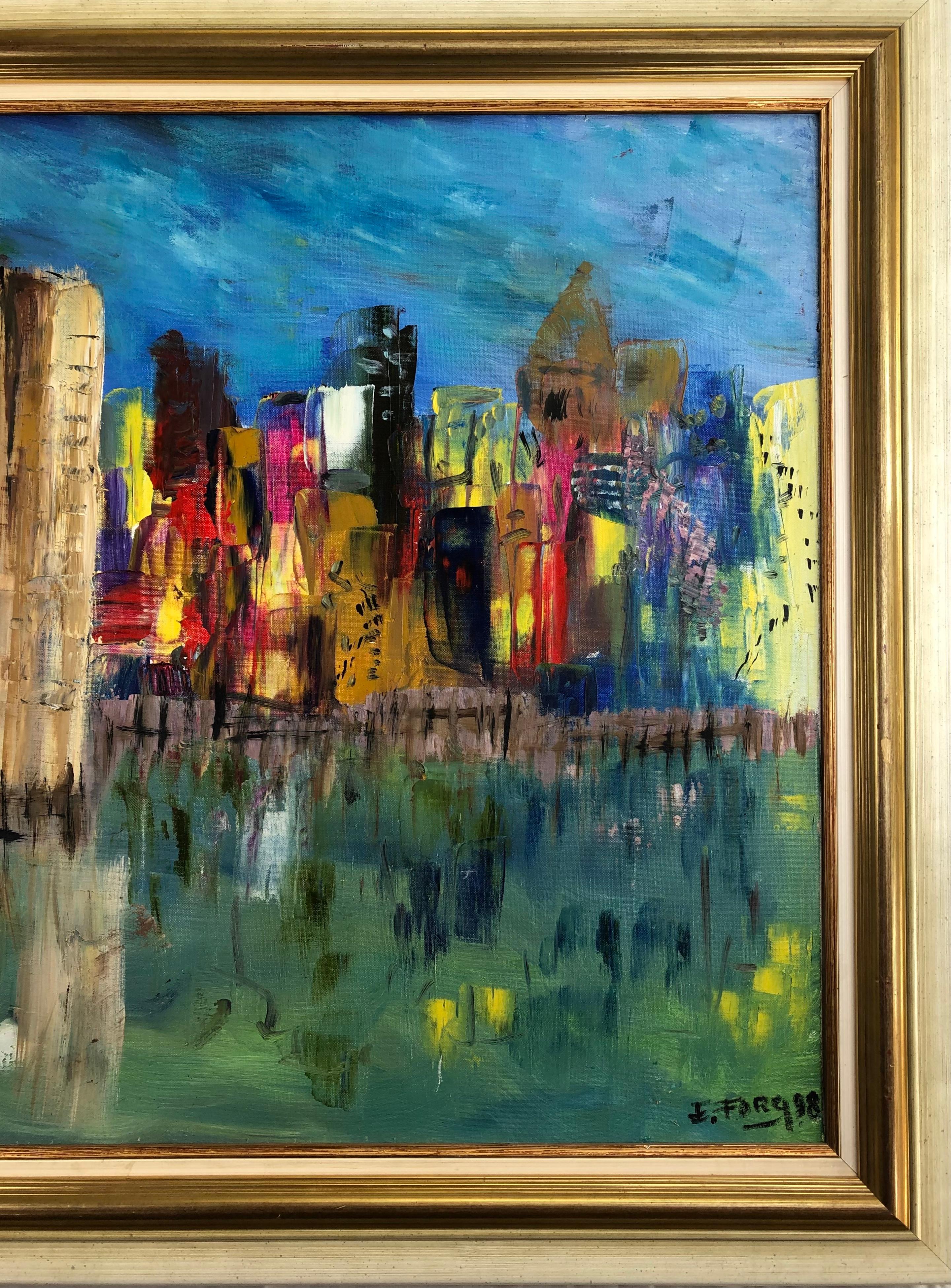 French Large Oil on Canvas Painting New York Signed Eric Forg For Sale