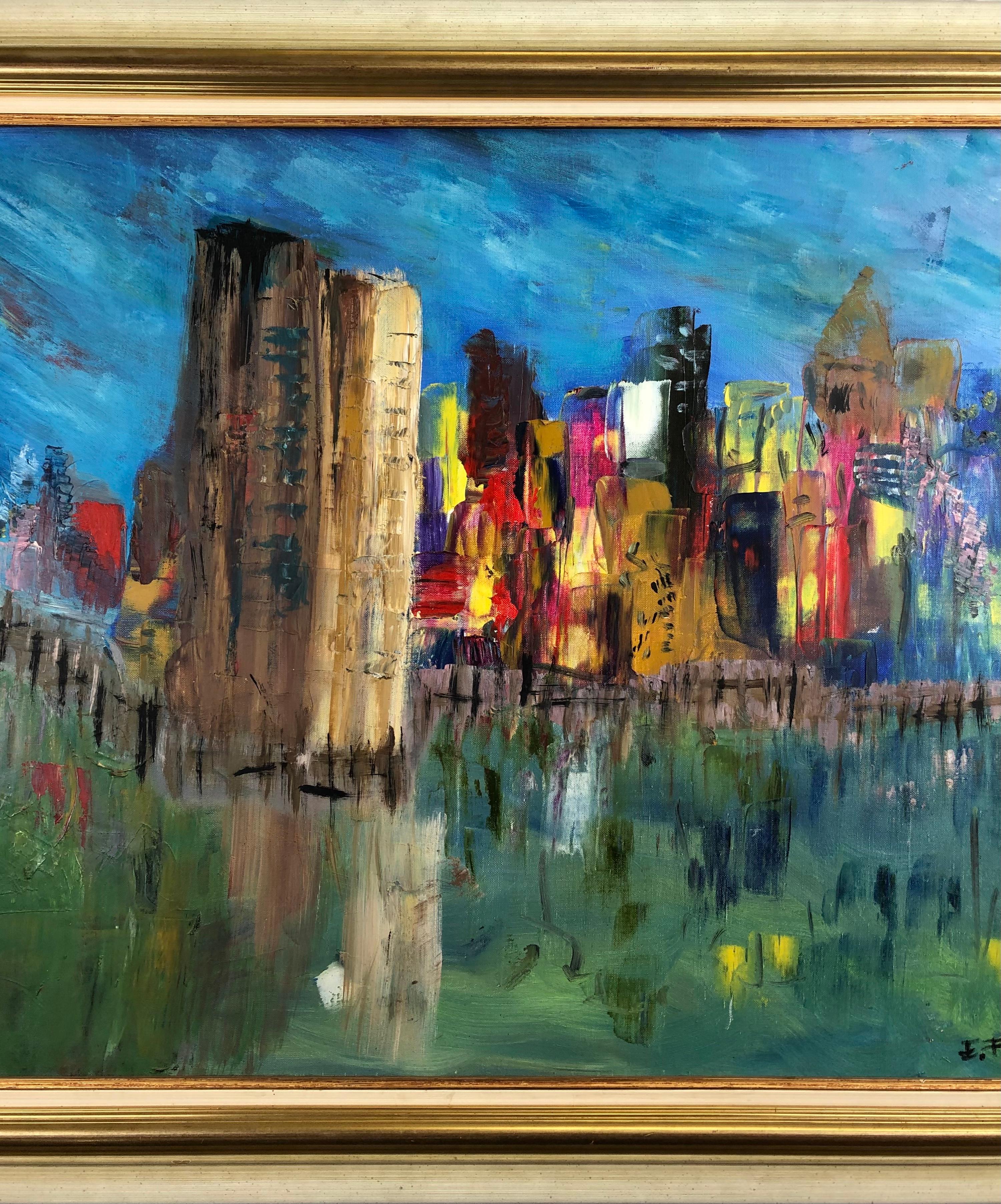 Grande Peinture  l'huile sur toile de New York signe Eric Forg Bon état - En vente à Miami, FL
