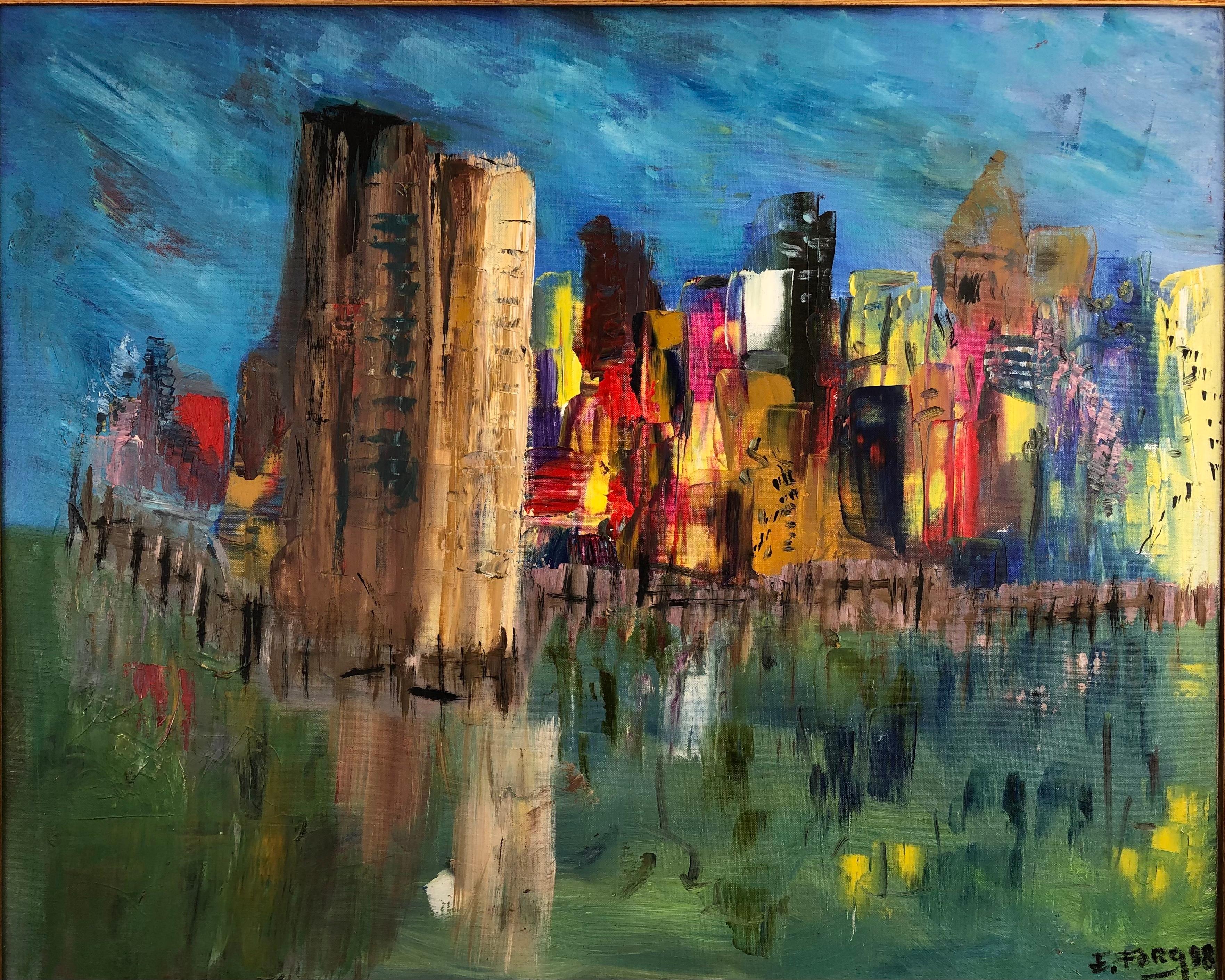 20th Century Large Oil on Canvas Painting New York Signed Eric Forg For Sale