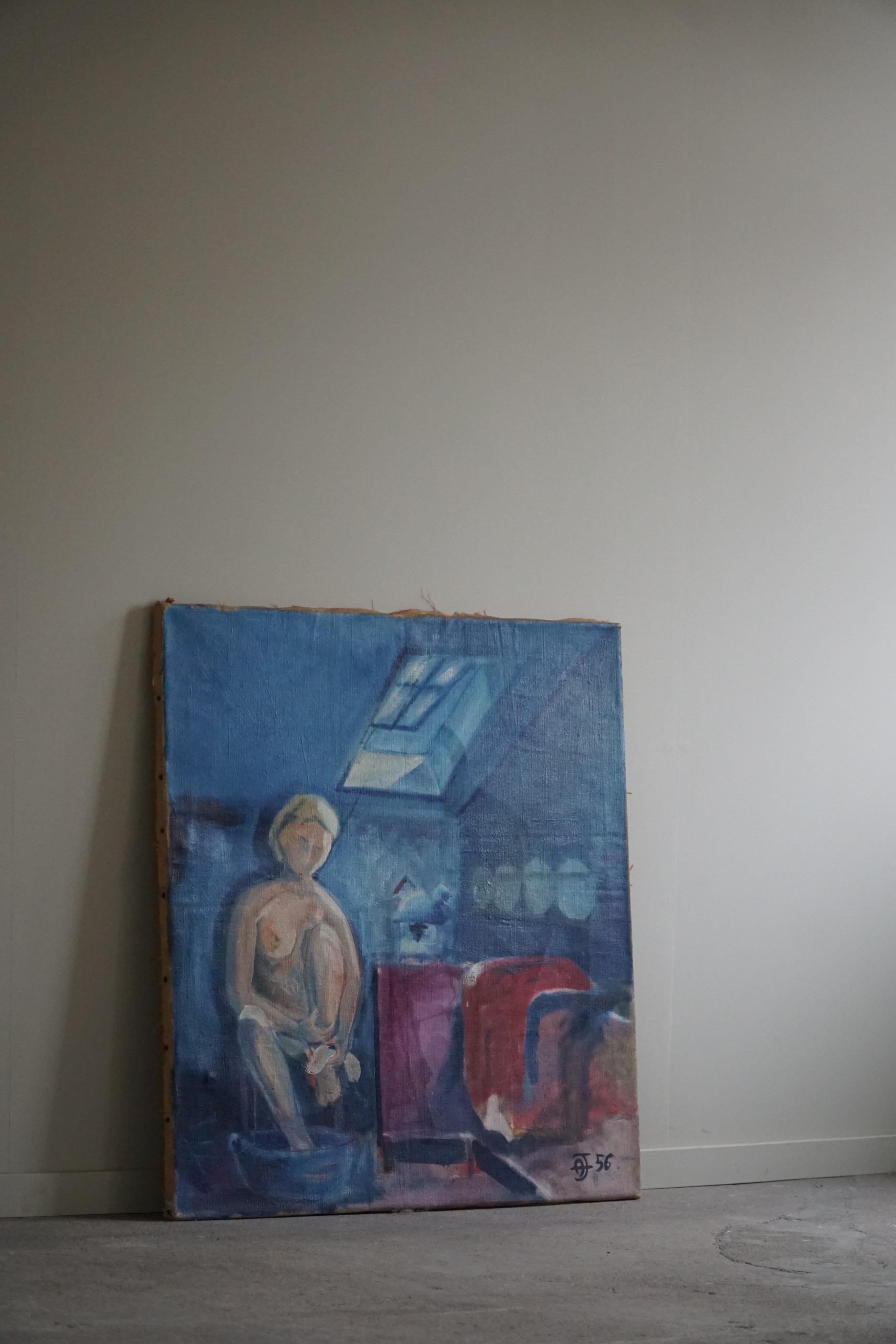 Large Oil on Canvas Painting, Unknown Artist, 1956, Danish Midcentury For Sale 6