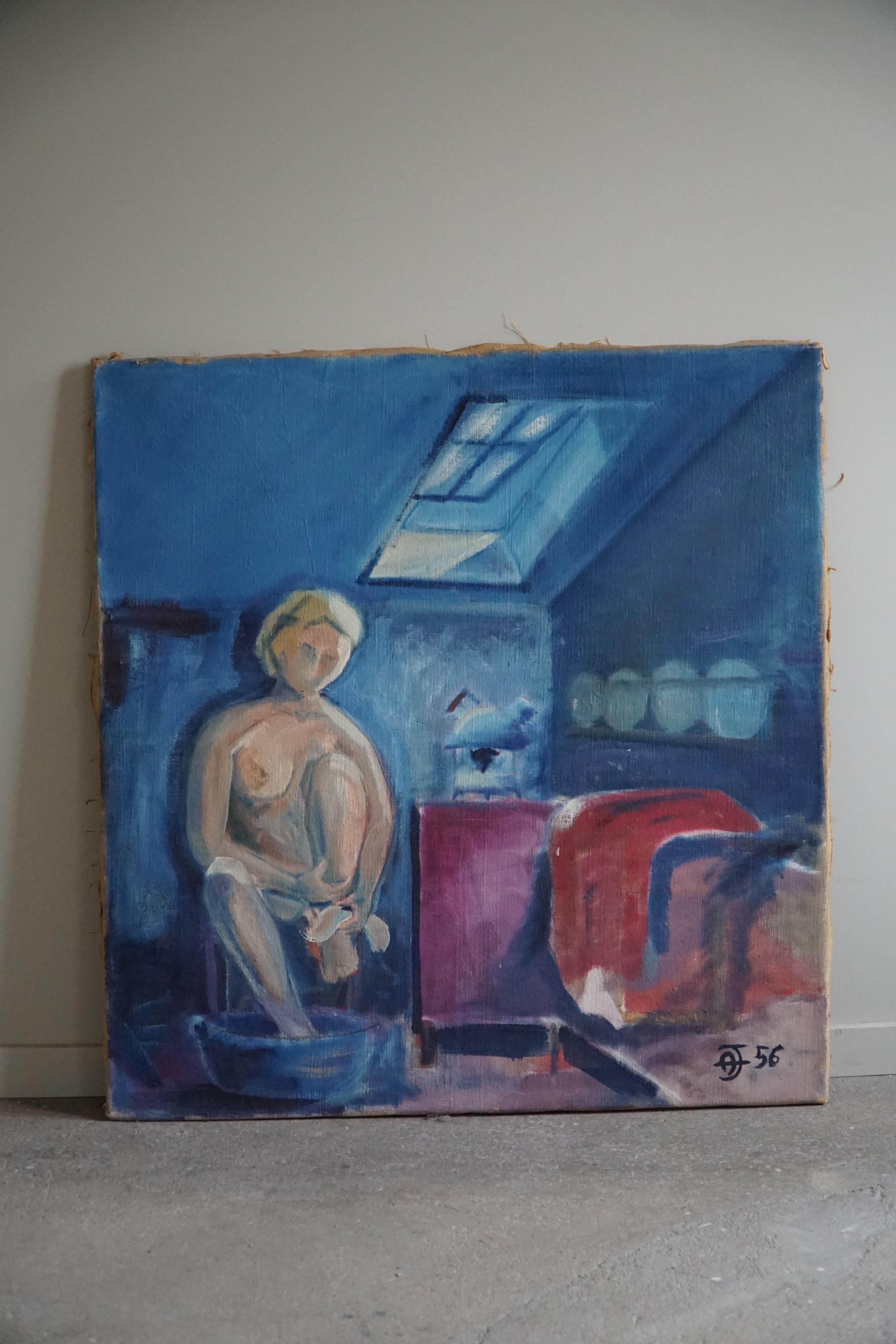 Large Oil on Canvas Painting, Unknown Artist, 1956, Danish Midcentury For Sale 7