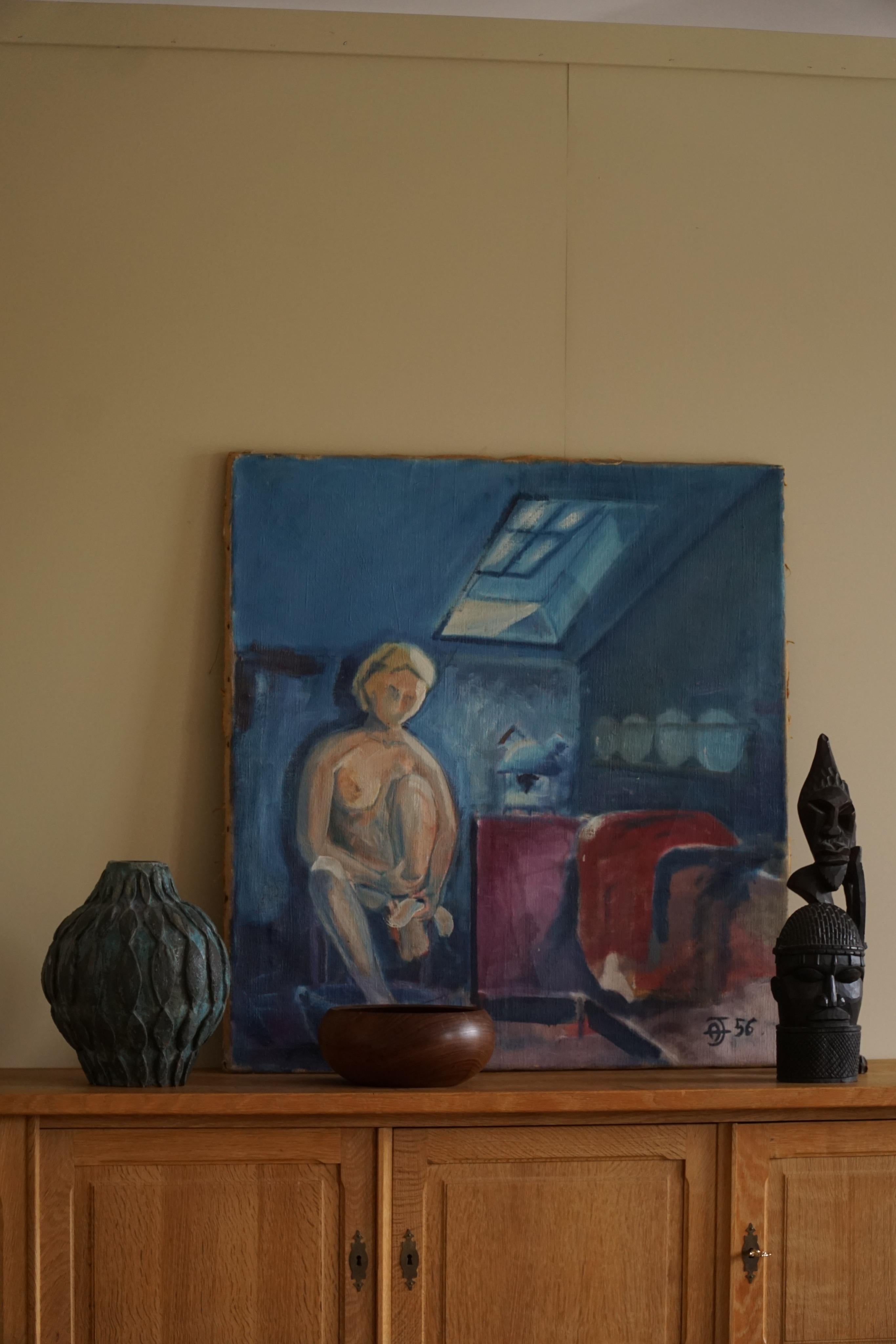 20ième siècle Grande peinture à l'huile sur toile, artiste inconnu, 1956, style danois du milieu du siècle dernier en vente