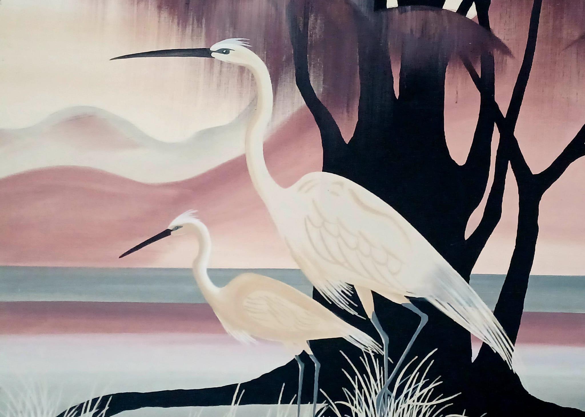 Late 20th Century Large Oil on canvas Painting with Birds, 1970s For Sale